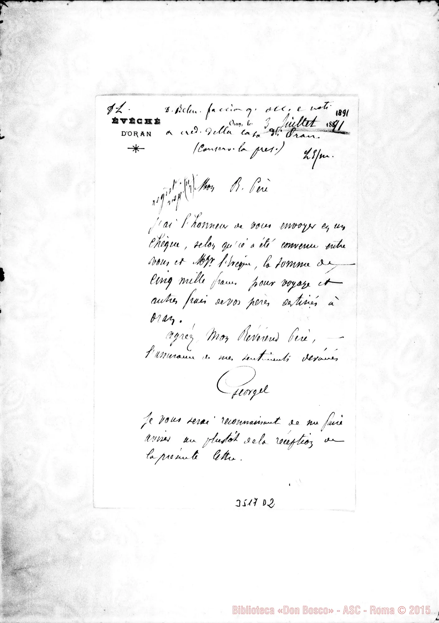 Fotogramma D 2 — George, dal vescovato-Révérend Père. Oran, 3-07-1891 Autogr. Rua