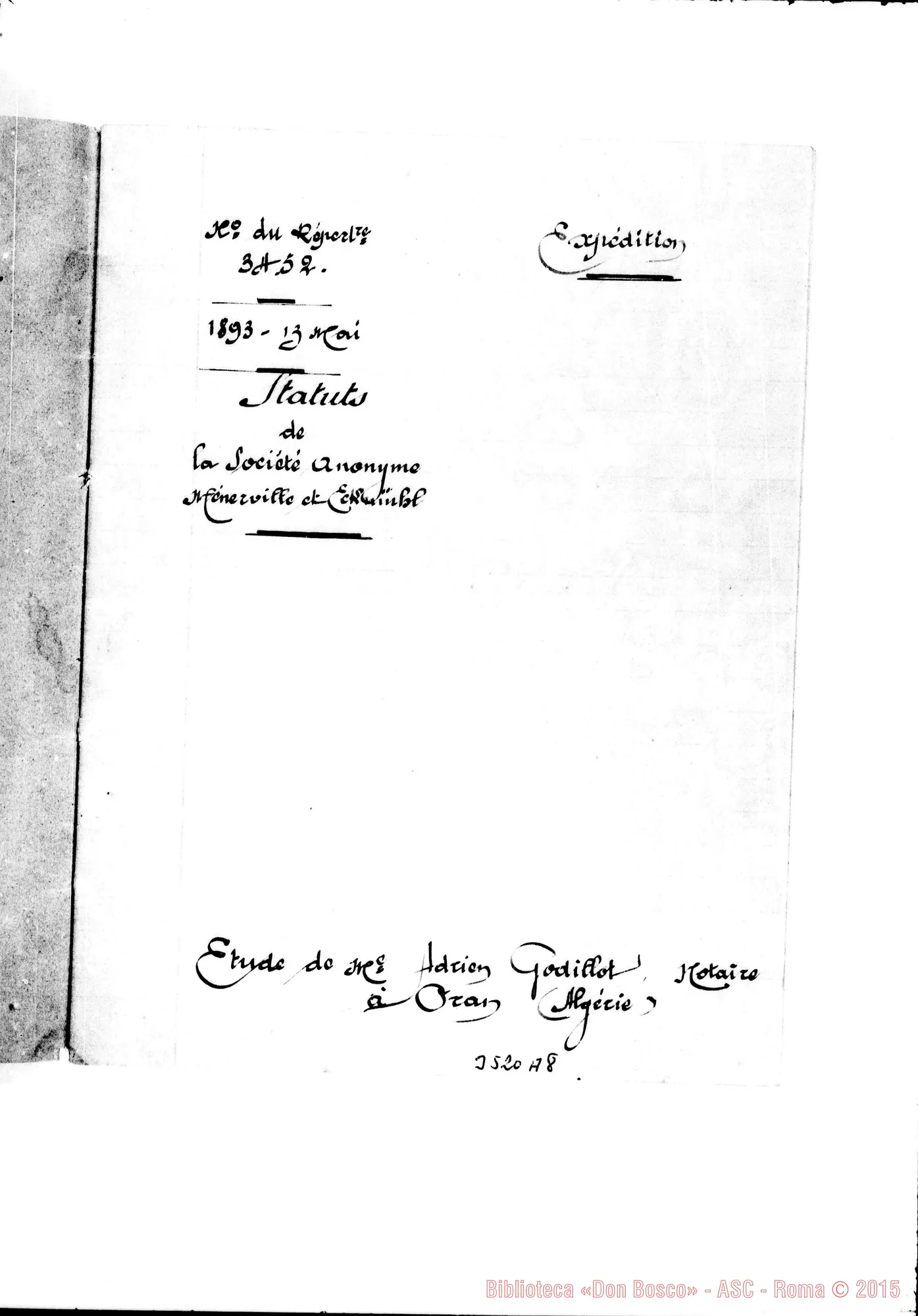 Fotogramma A 8 — «Status des Missions Africaines de Don Bosco A Oran». 13-05-1893
