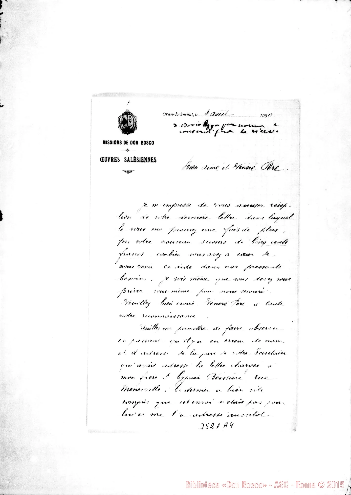 Fotogramma A 4 — Don Leone Béissière-Vénéré Pére. Oran, 2-08-1900 Autogr. Rua