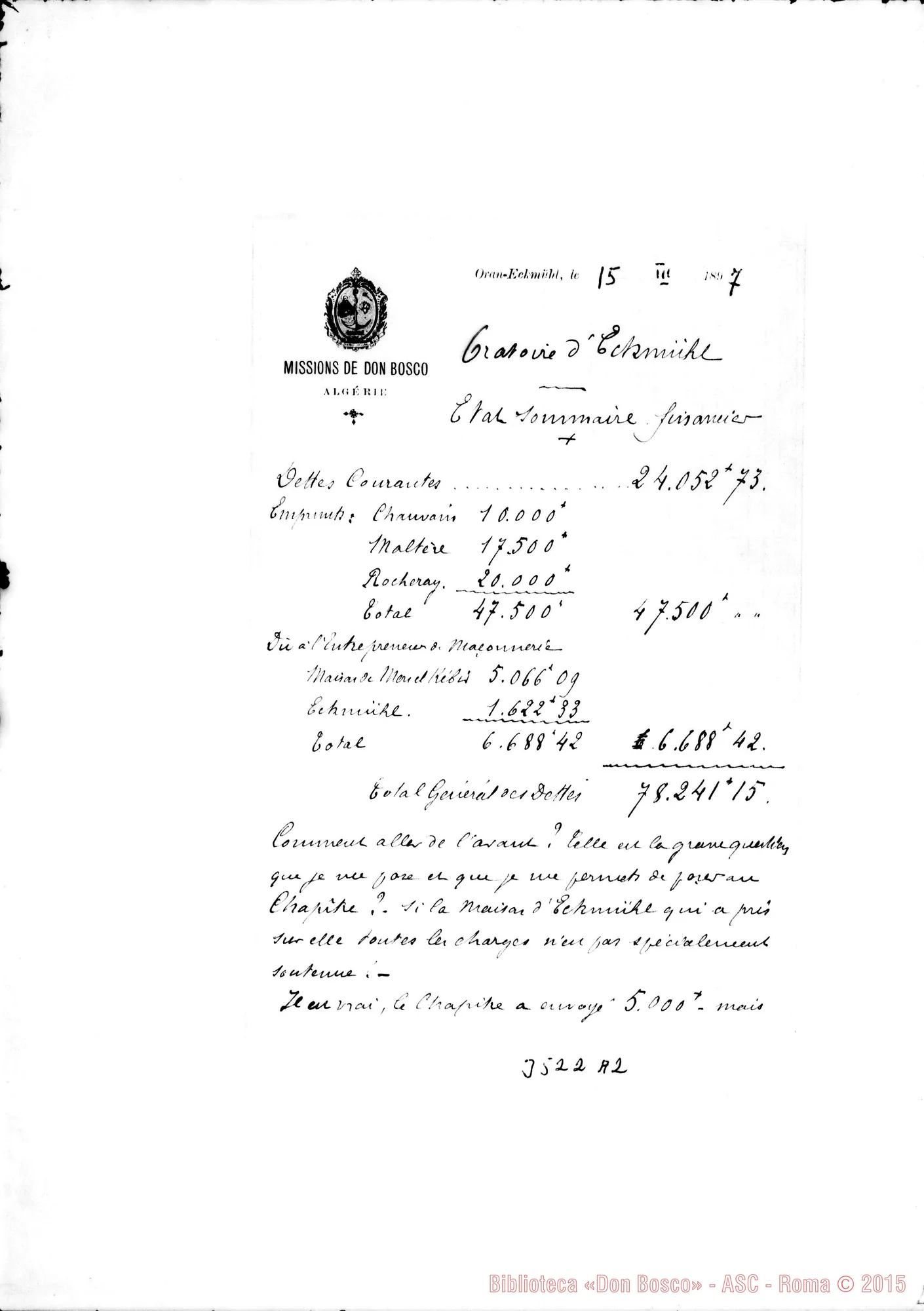 Fotogramma A 2 — Don Bellamy: rendiconto. Oran, 15-03-1897 Autografi Rua