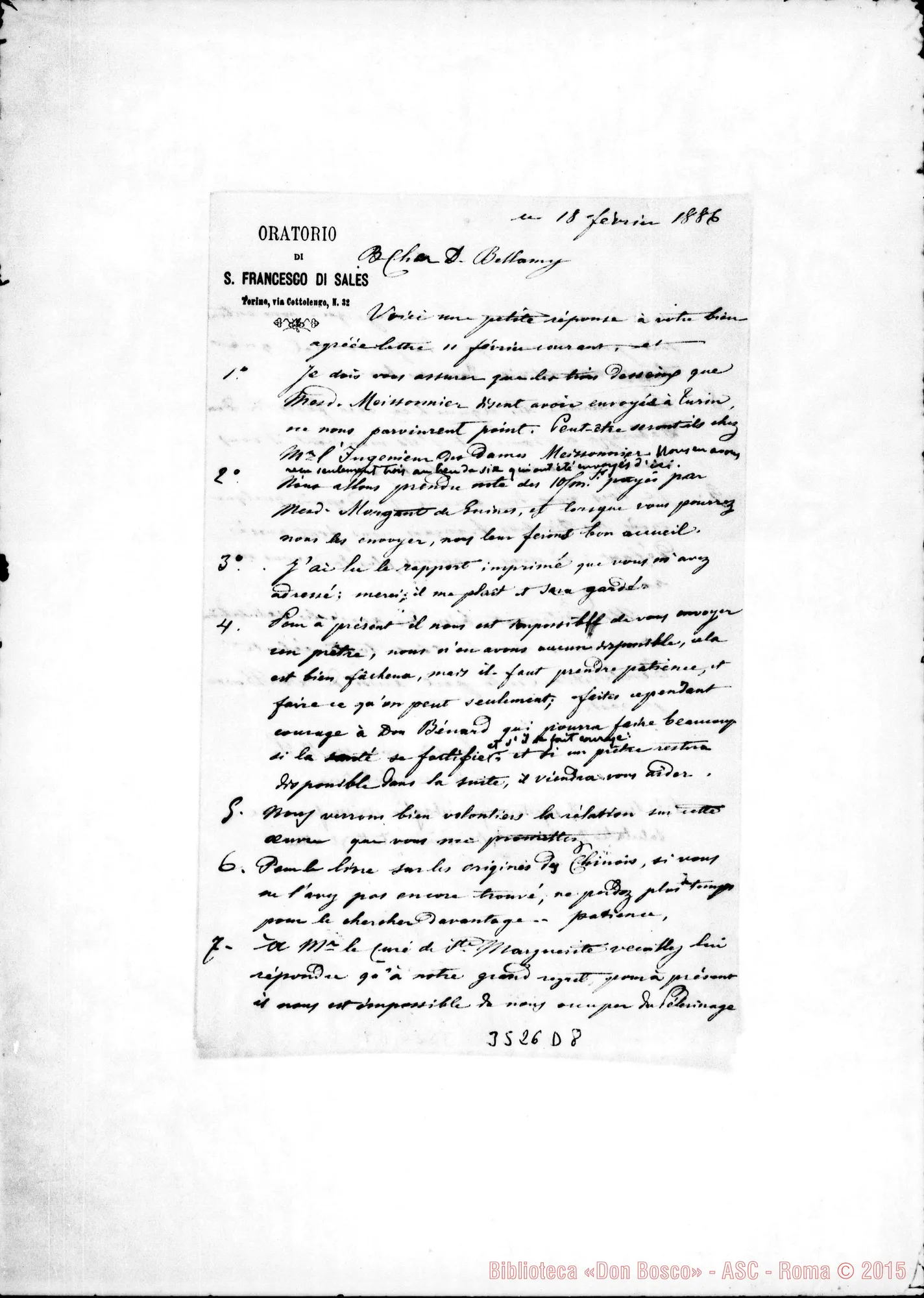 Fotogramma D 8 — Don Rua-Don Bellamy. Torino, 18-02-1886. Firma E postilla ms. autogr. Rua