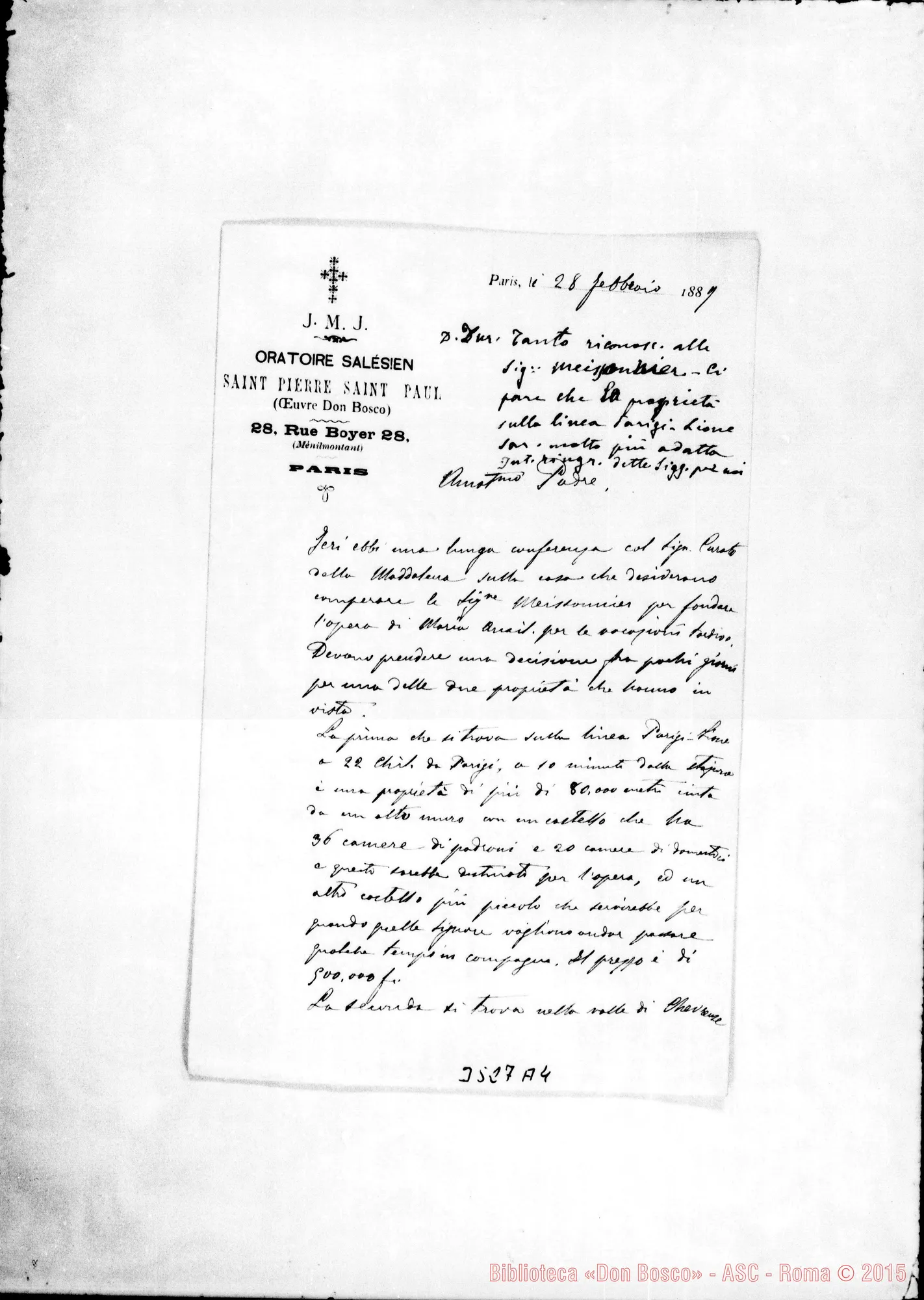 Fotogramma A 4 — Don Giuseppe Ronchail-Don Rua. Paris, 28-02-1889 Autogr. Rua