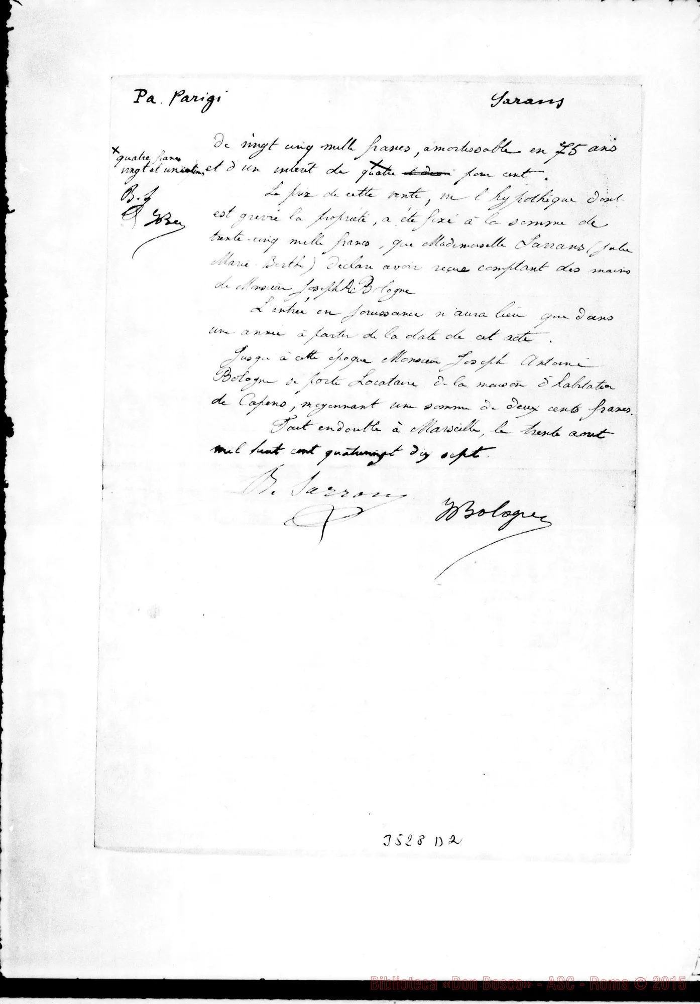 Fotogramma D 2 — Atto di vendita con firma di D. Bologna E M.lle Sarrans