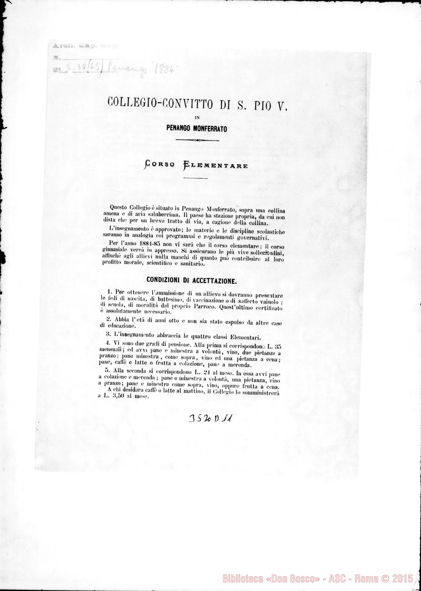 Fotogramma D 11 — Programma del Collegio Convitto di Penango. 1884