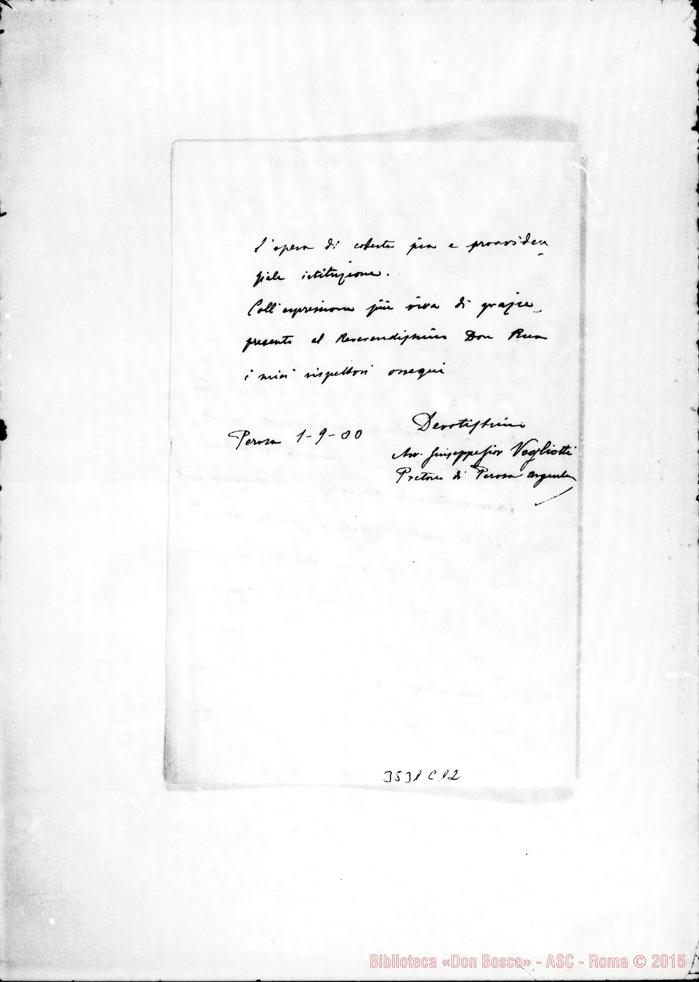 Fotogramma C 12 — Avv. Giuseppe Vogliotti-Don Rua. Perosa, 1-09-1900 Autogr. Rua