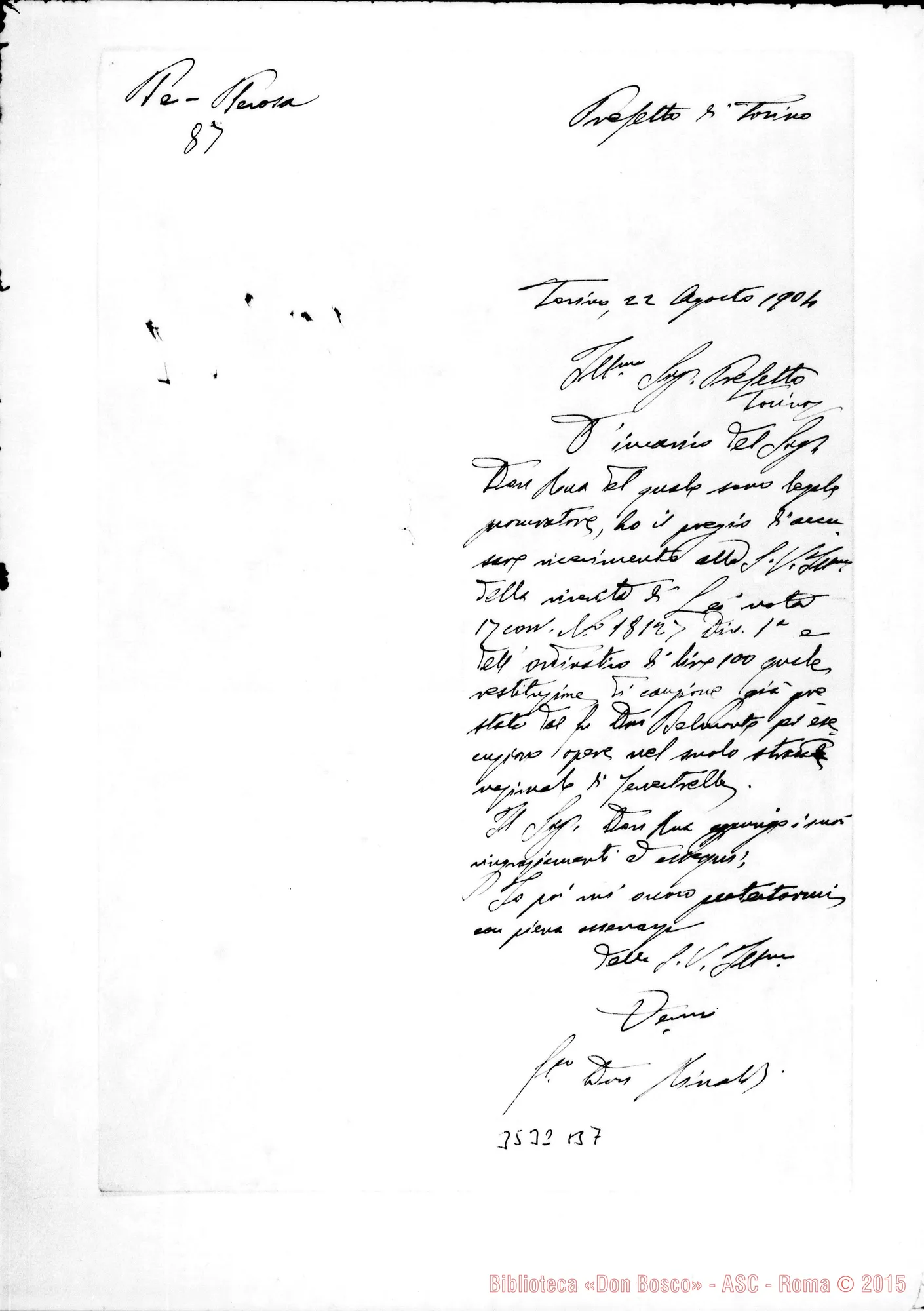 Fotogramma B 7 — Prefetto di Torino-Economo Generale. Torino, 17-08-1904