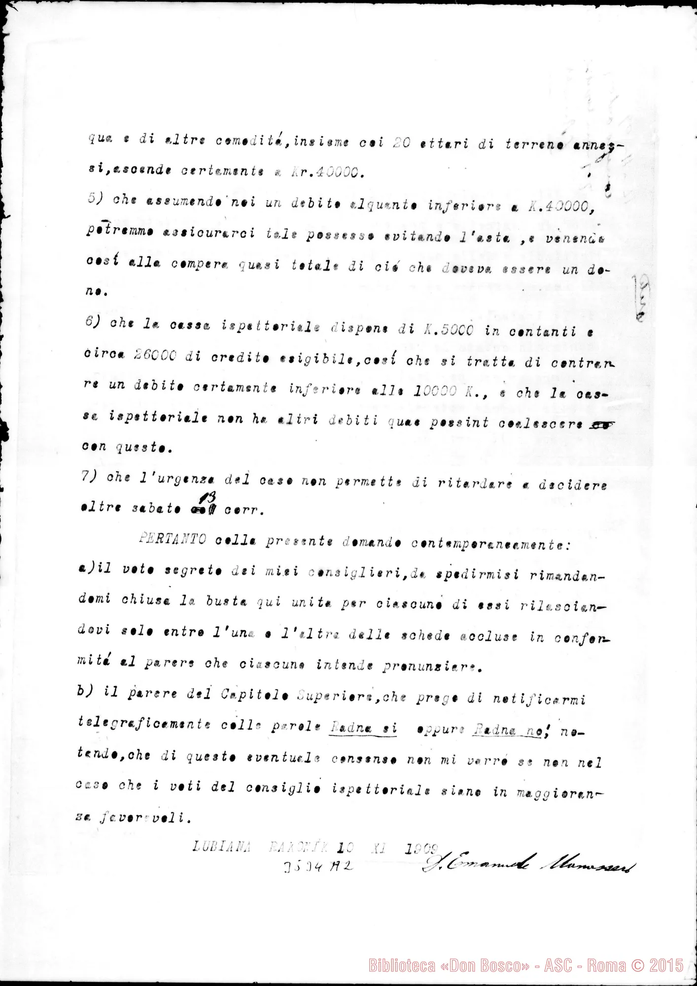 Fotogramma A 2 — Don Manassero: Domanda ai superiori. Lubiana, 10-11-1909 Autogr. Rinaldi
