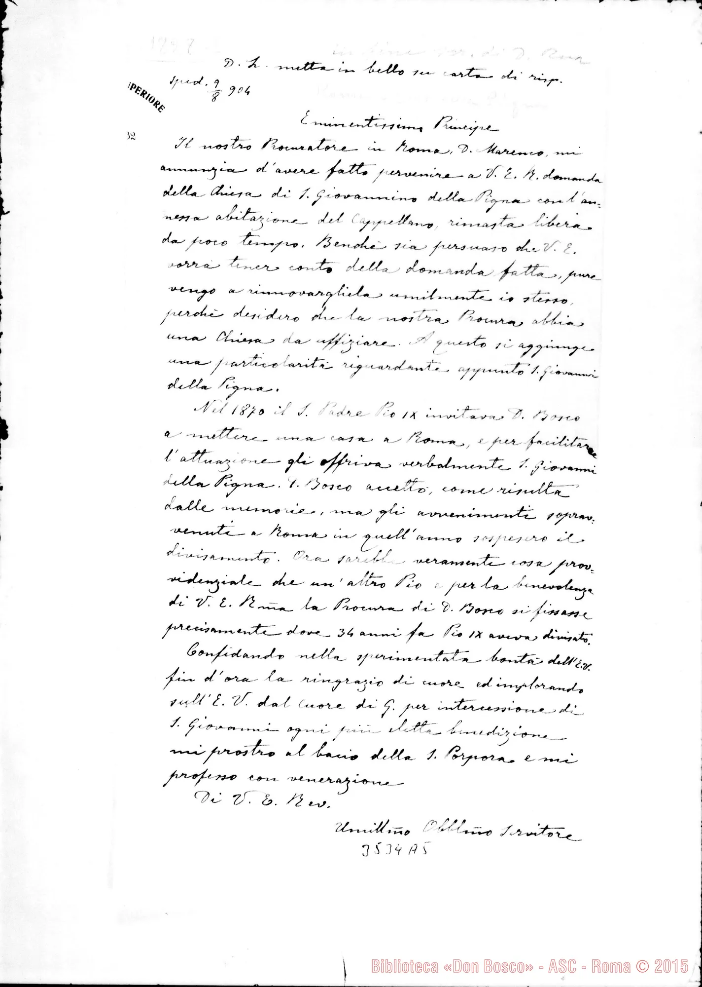 Fotogramma A 5 — Copia di lettera A Eminentissimo Principe, il 9-08-1904