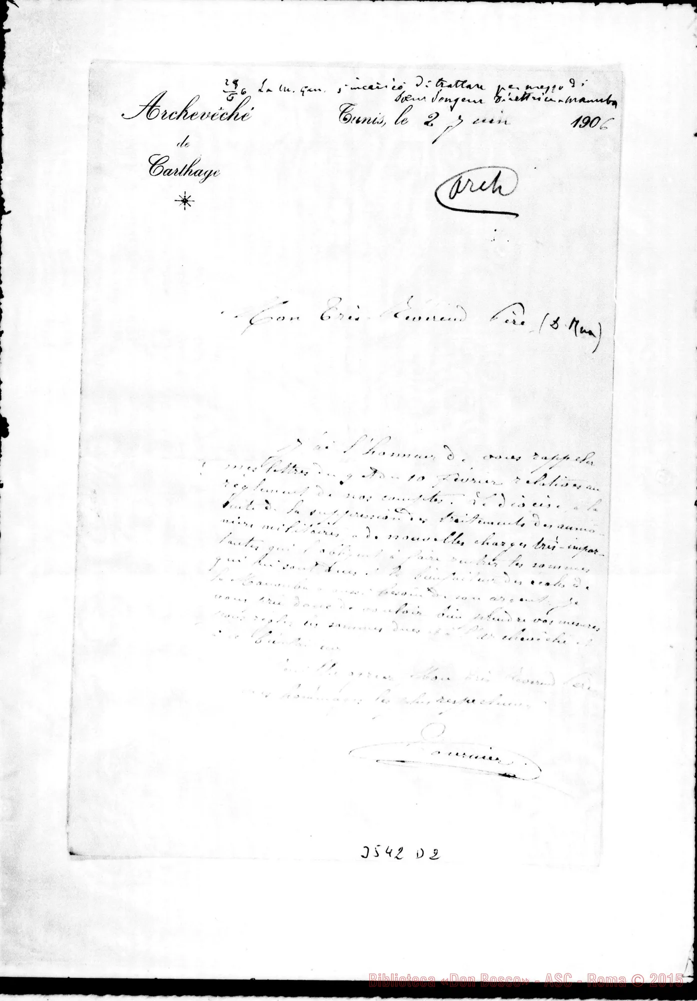 Fotogramma D 2 — Giovanni M. Tournier, vesc.-Révérend Pére. Tunis, 2-06-1906 Autogr. Rua