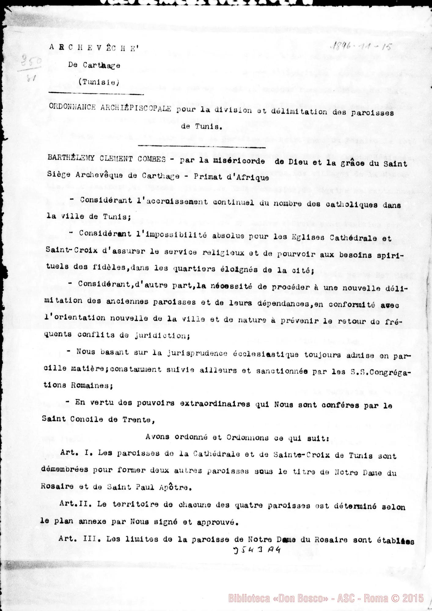 Fotogramma A 4 — «Division et delimitation des paroisses de Tunis».