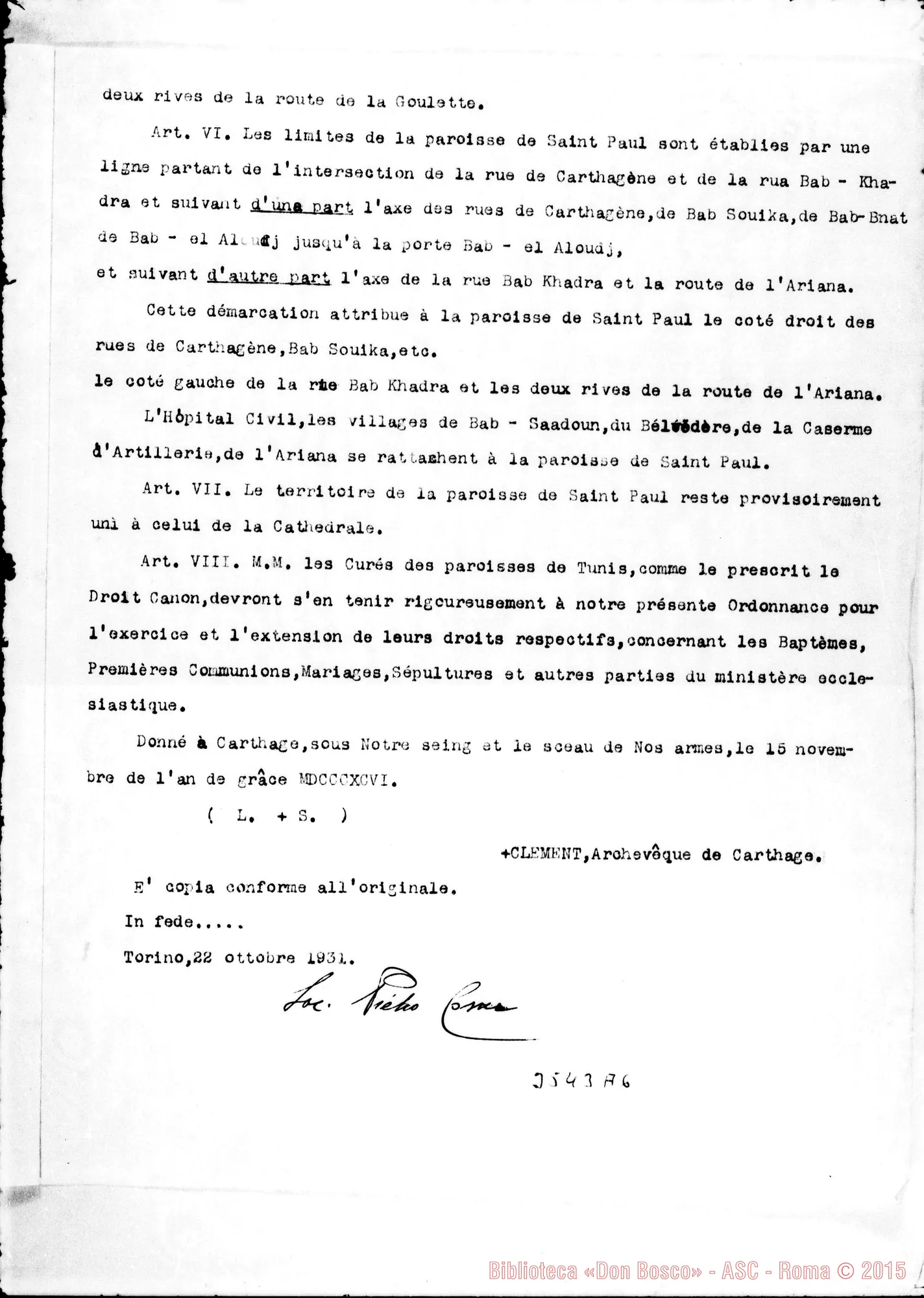 Fotogramma A 6 — «Division et delimitation des paroisses de Tunis».