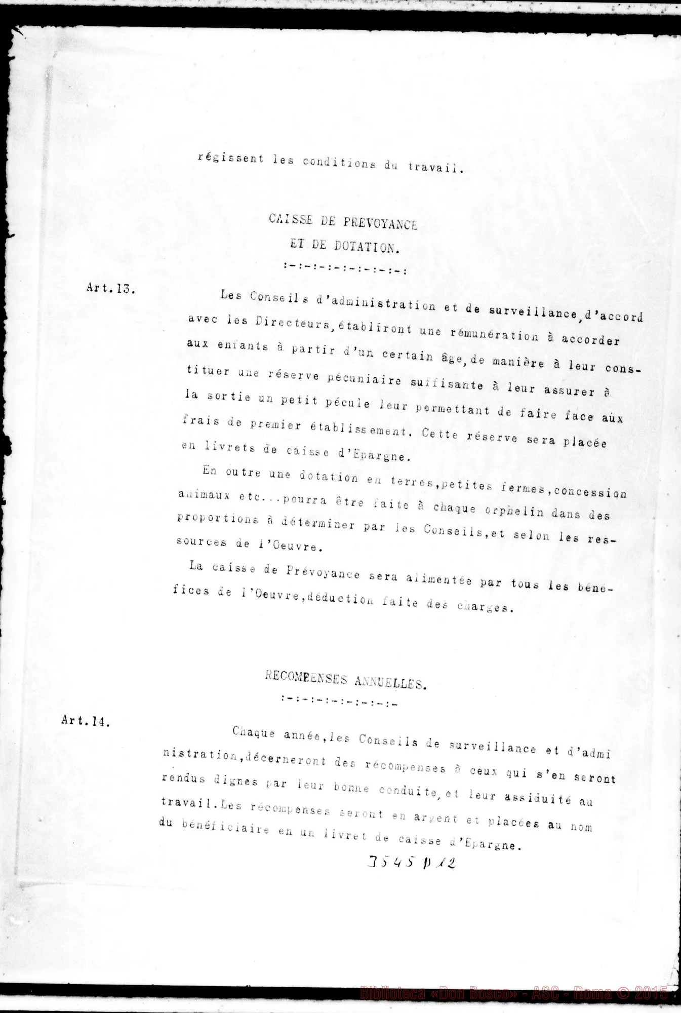 Fotogramma D 12 — Societé des orphelinats catholiques: Reglement