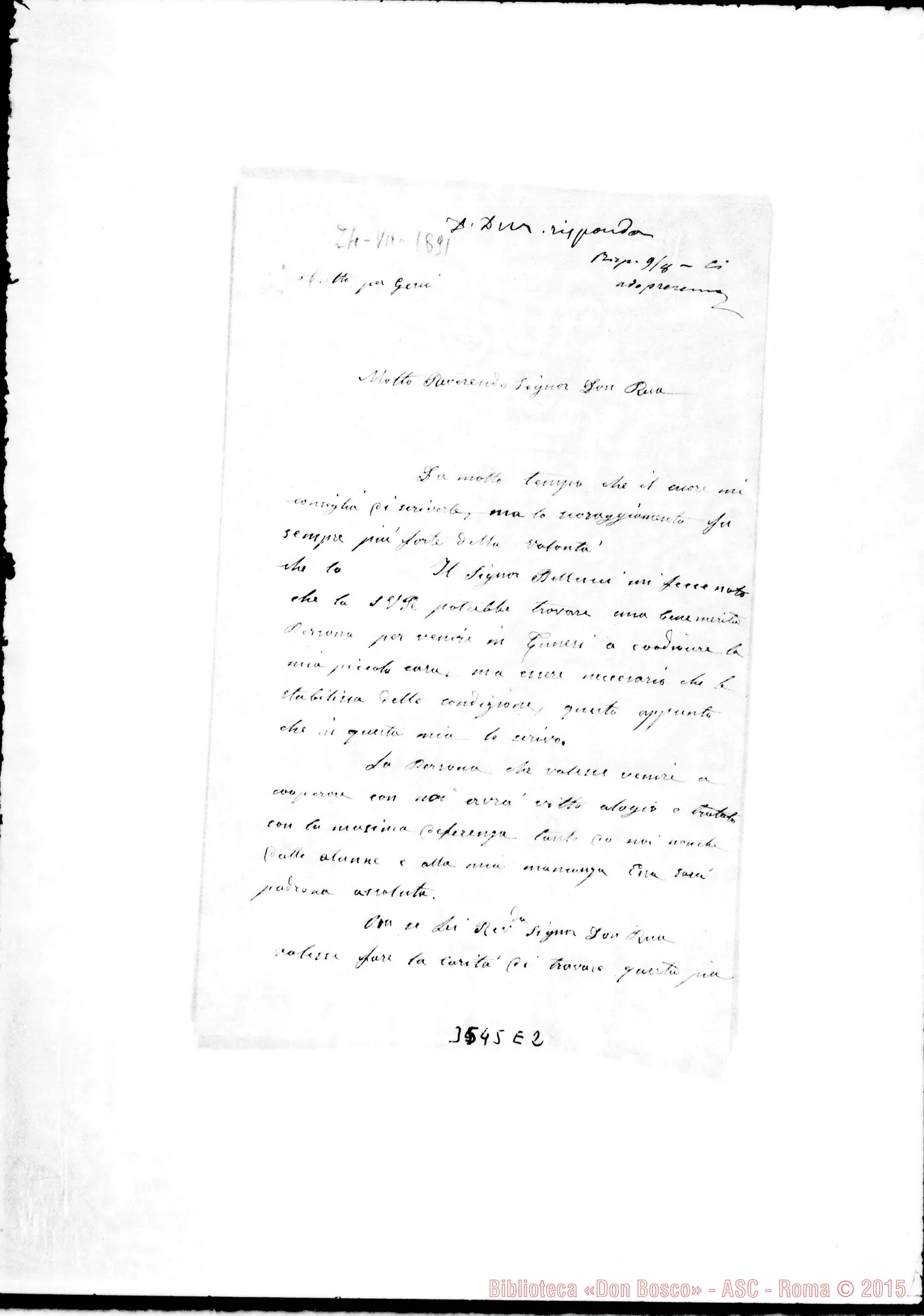 Fotogramma E 2 — Tunis-Corrispondenza: Eufrosia Ostellini-Don Rua. Tunis, 24-07-1891 Autogr. Rua