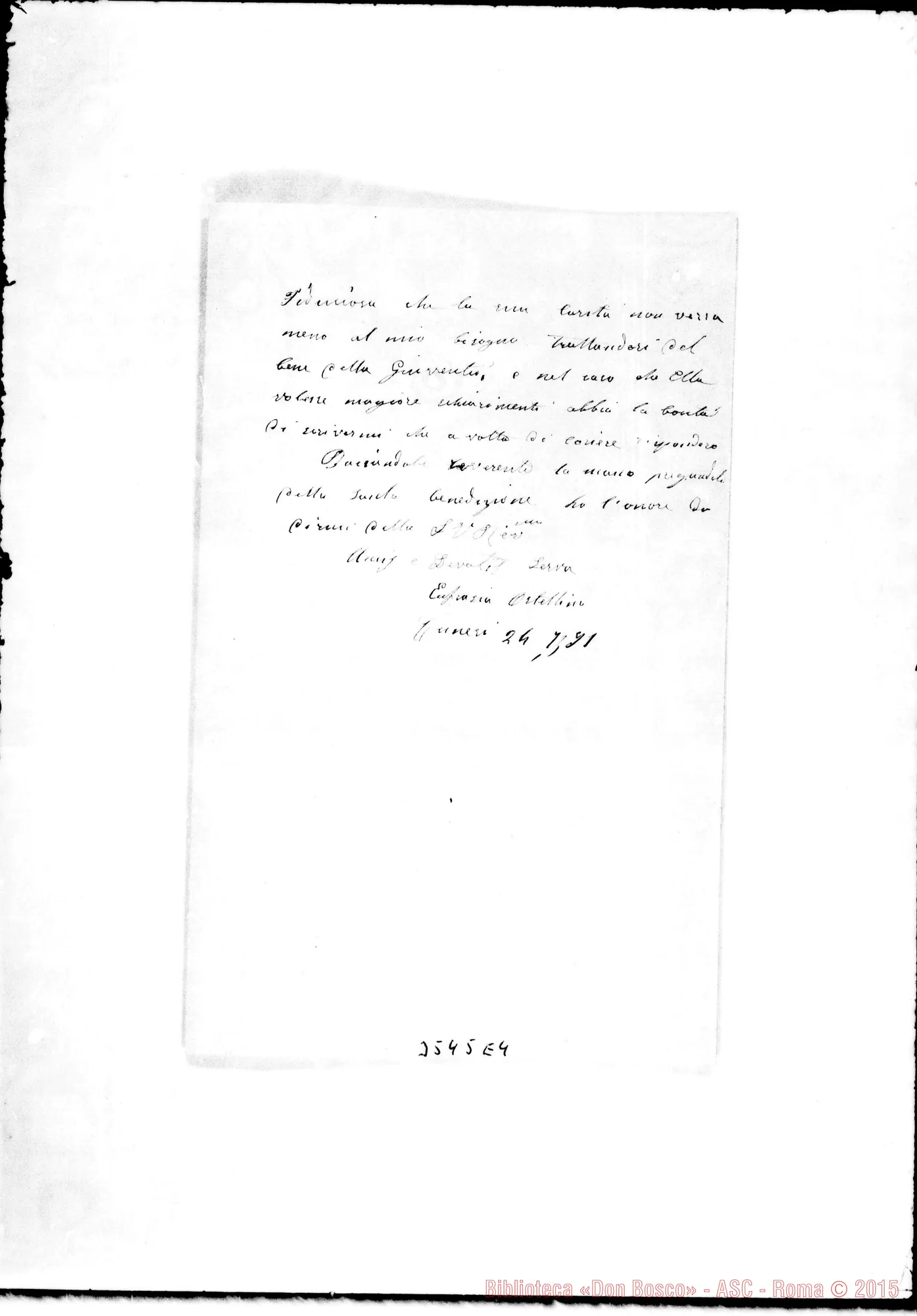 Fotogramma E 4 — Tunis-Corrispondenza: Eufrosia Ostellini-Don Rua. Tunis, 24-07-1891 Autogr. Rua