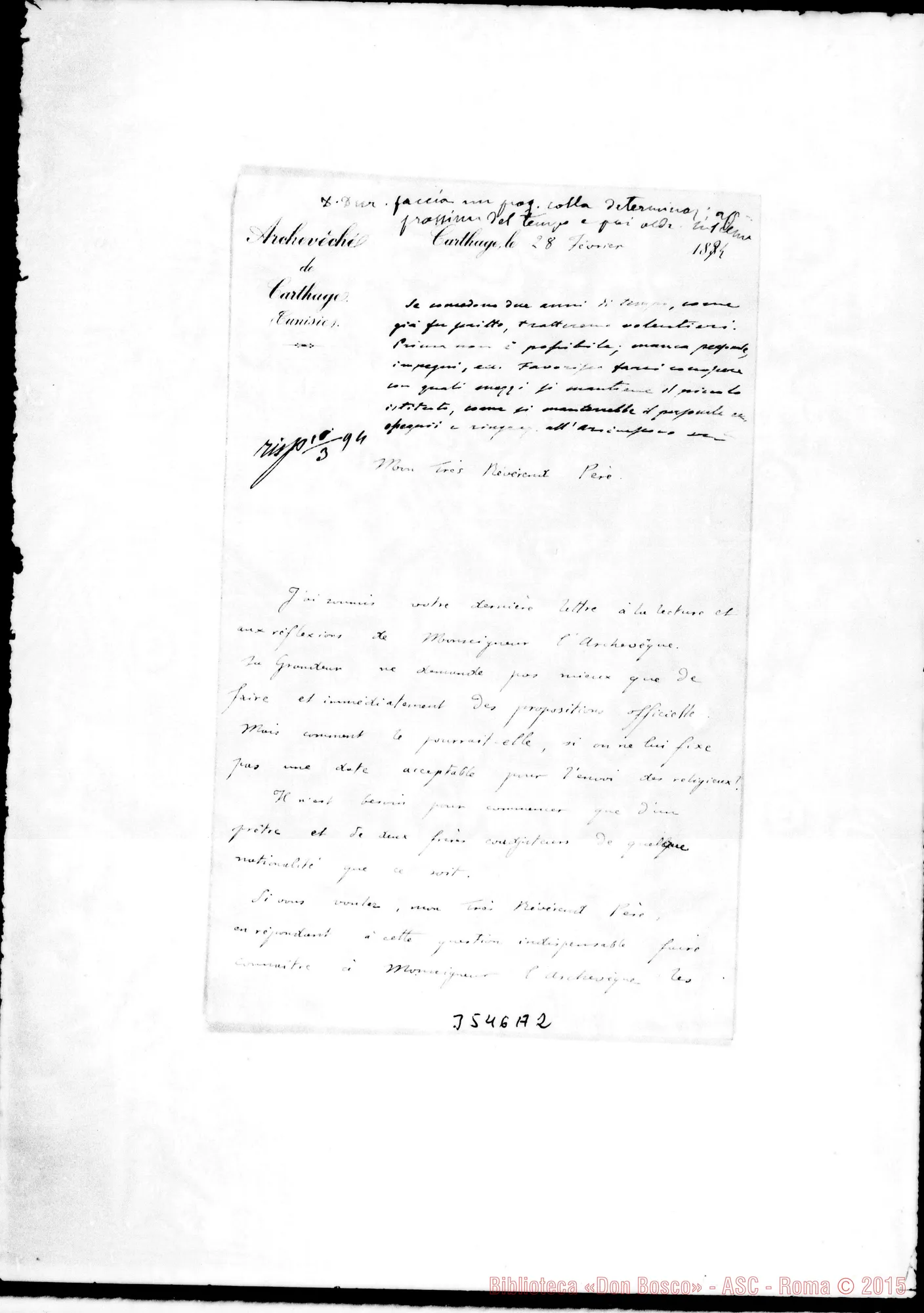 Fotogramma A 2 — Dall'Arcivescovato-Révérend Pére. Cartago, 28-02-1894 Autogr. Rua