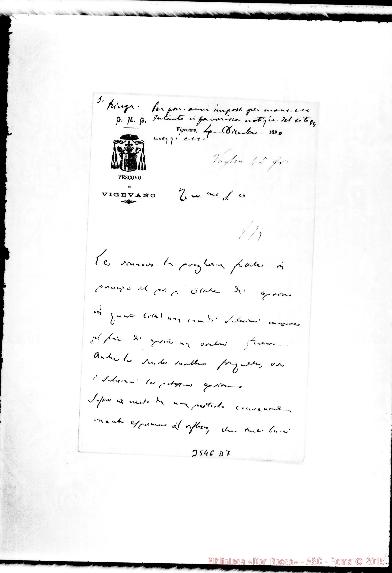 Fotogramma D 7 — Pietro Degaudenzi, vesc.-Don Rua. Vigevano, 4-12-1890 Autogr. Rua