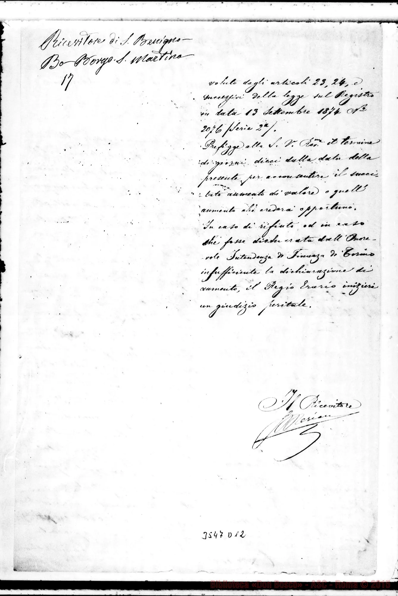 Fotogramma D 12 — Ricevitore-Don Rua. S. Benigno, 26-10-1884 Autogr. Rua