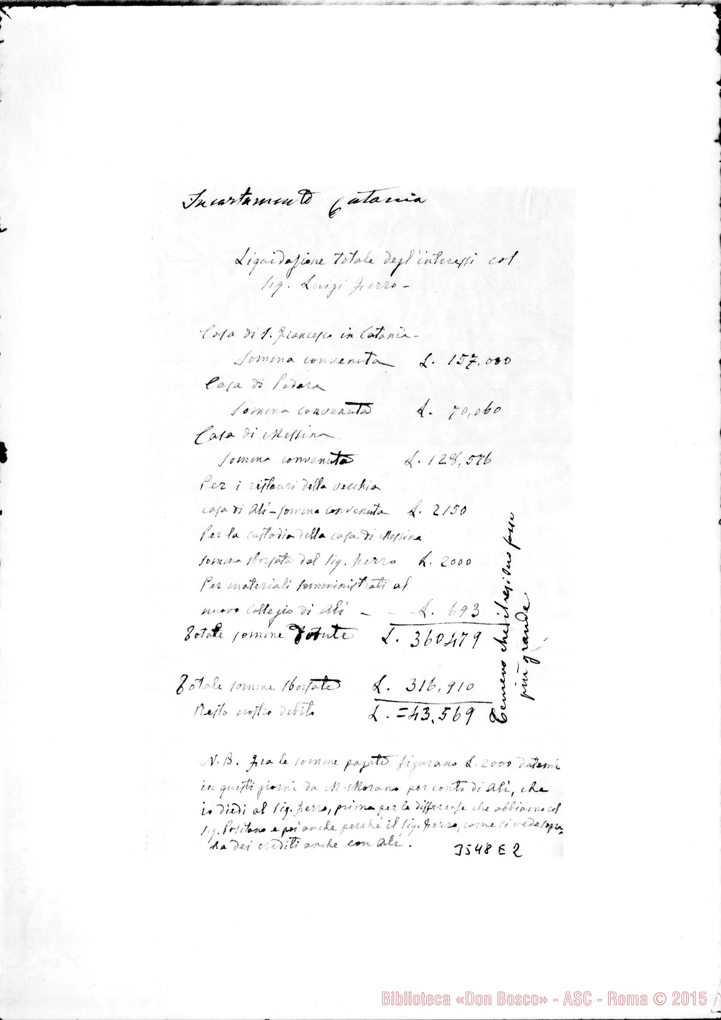 Fotogramma E 2 — Liquidazione degrinteressi col Sig. Ferro: Bertello. Autogr. Rua