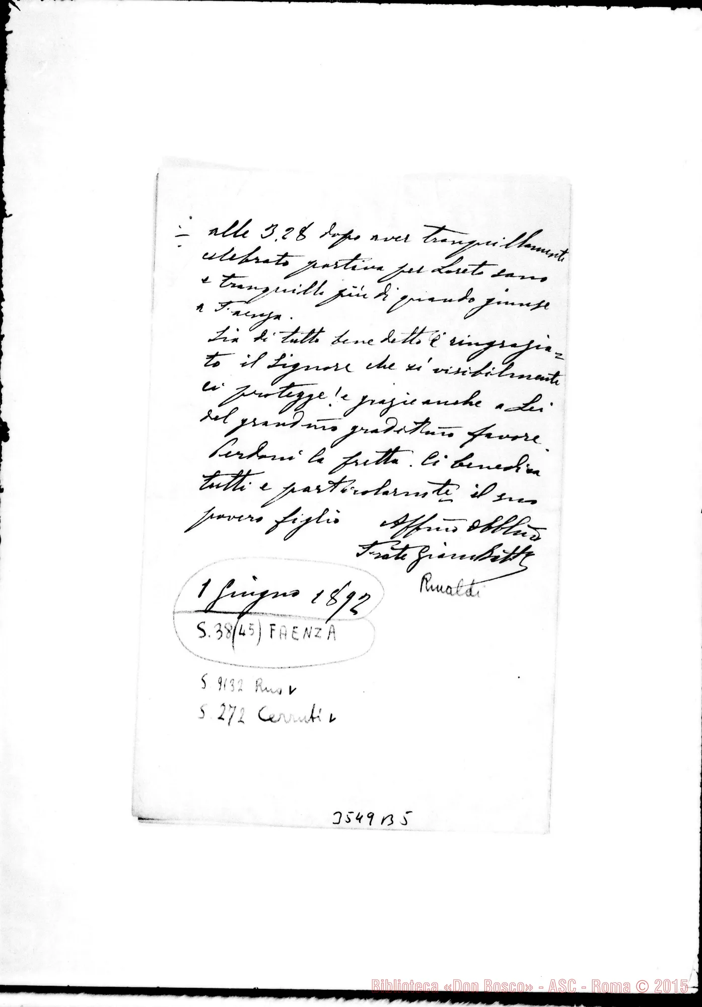 Fotogramma B 5 — Don Giov. Batt. Rinaldi-Don Rua. Faenza, 1-06-1892 Autogr. Rua