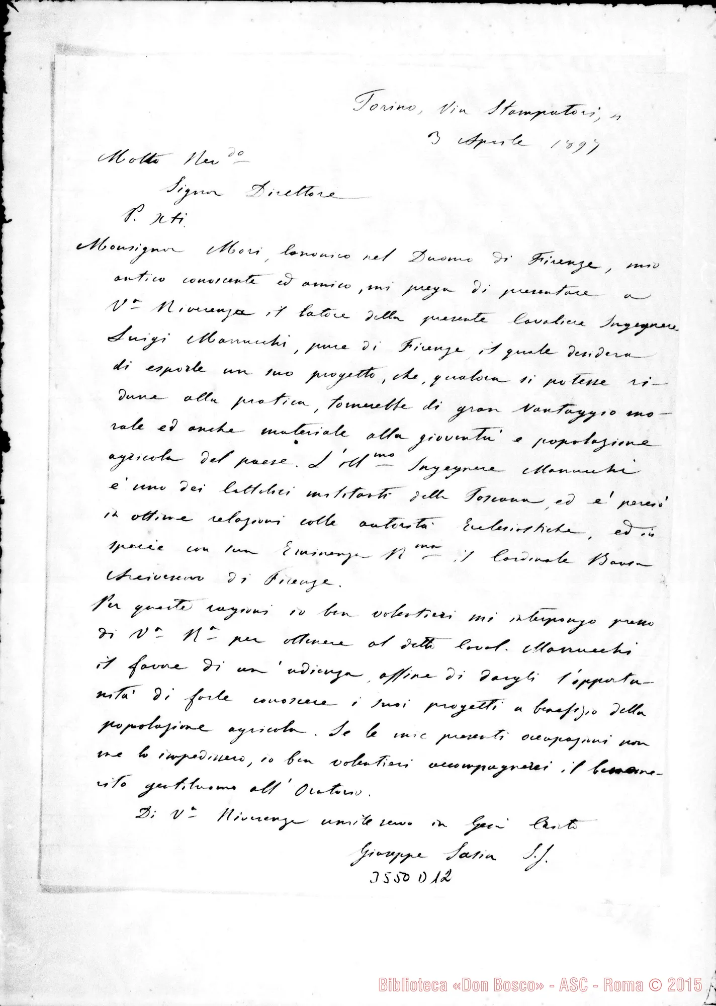 Fotogramma D 12 — Don Giuseppe Sasia-Direttore, il 3-04-1897 con allegati.