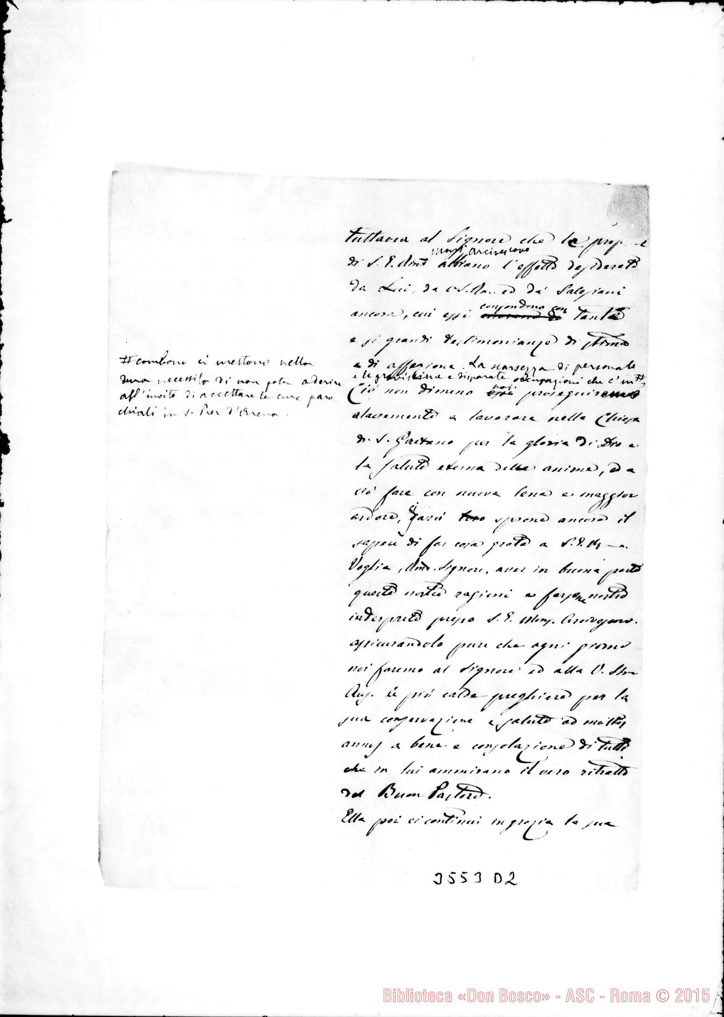 Fotogramma D 2 — Minuta di lettera A Provicario. Ms. con correz. autogr. Rua