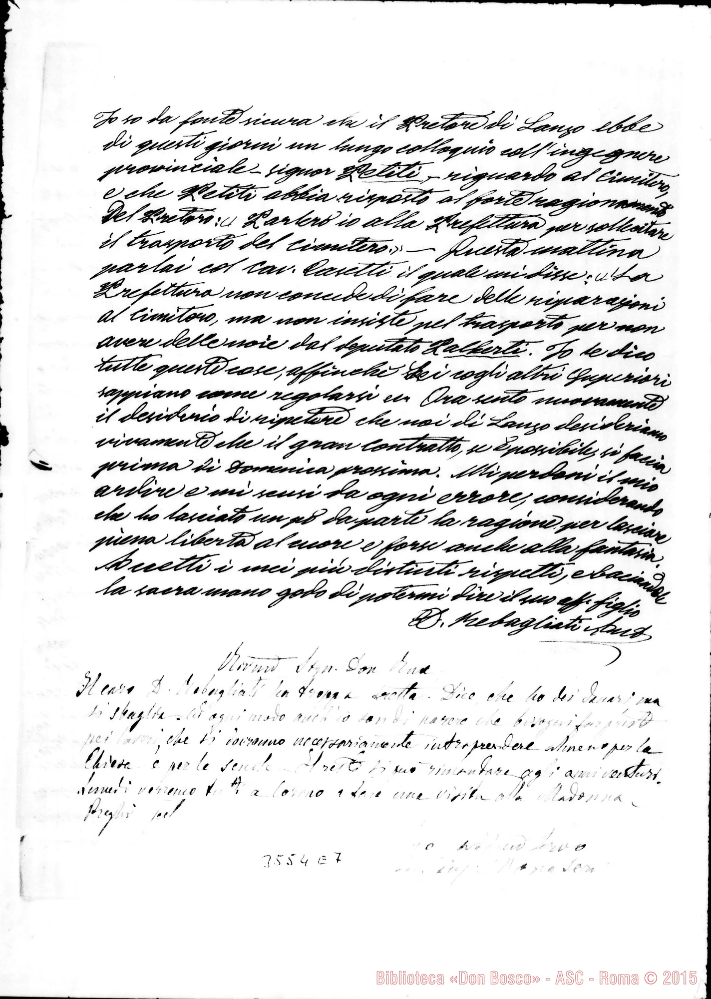 Fotogramma E 7 — Don Rebagliati Ant.-Rev.mo Padre. Lanzo, 20-05-1896. Postilla di Don Monateri A Don Rua