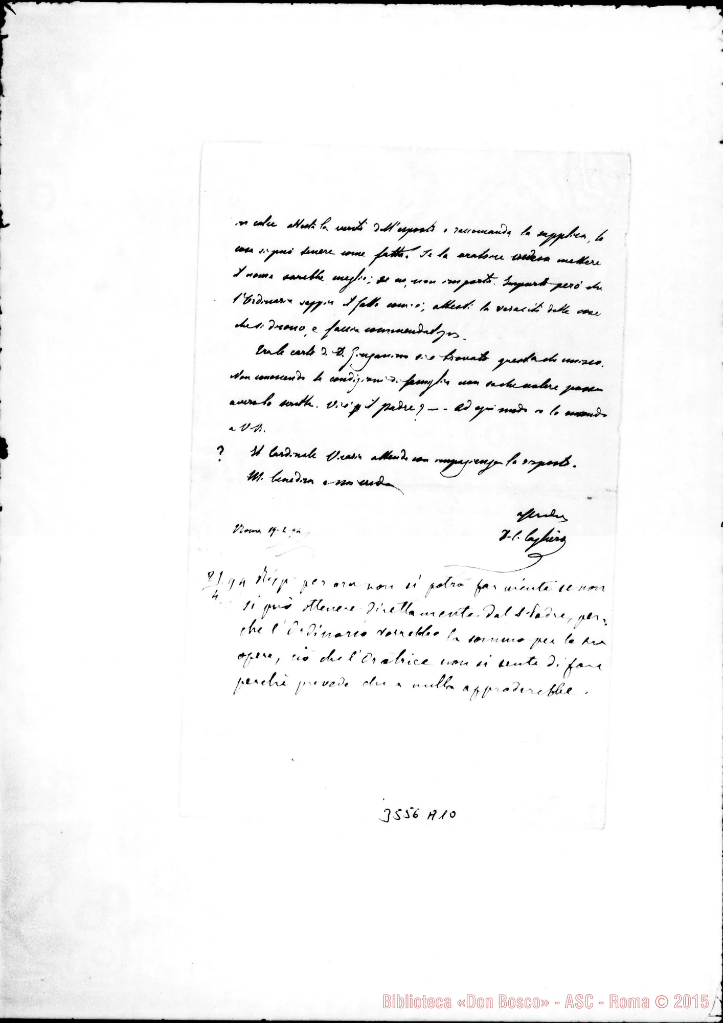 Fotogramma A 10 — Don Cagliero Cesare-Don Rua. Roma, 19-04-1894 Postilla autogr. Rua
