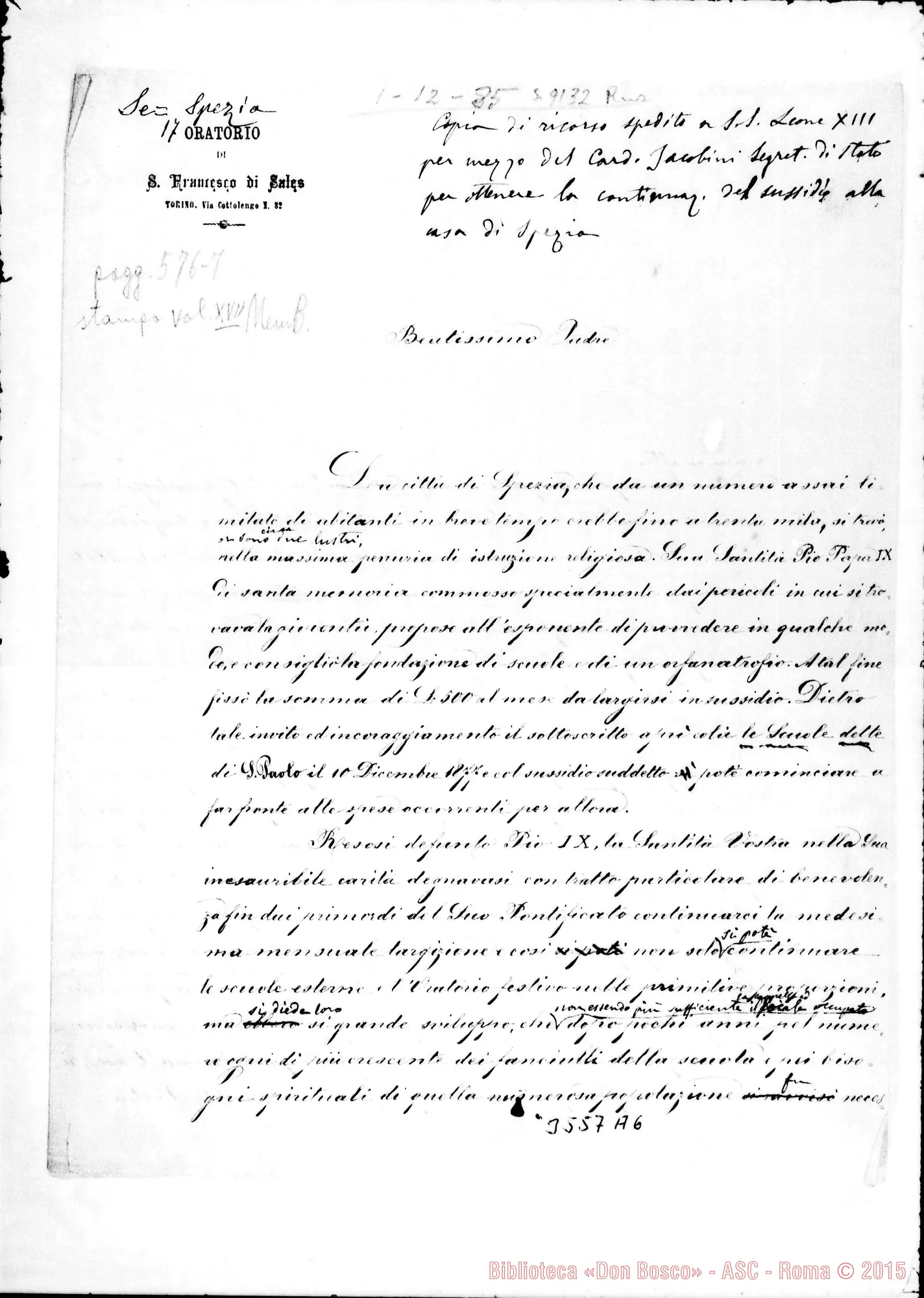 Fotogramma A 6 — Don Bosco-Beatissimo Padre. Torino, 1-12-1885. Ms. autogr. di D. Rua con correz. E postilla