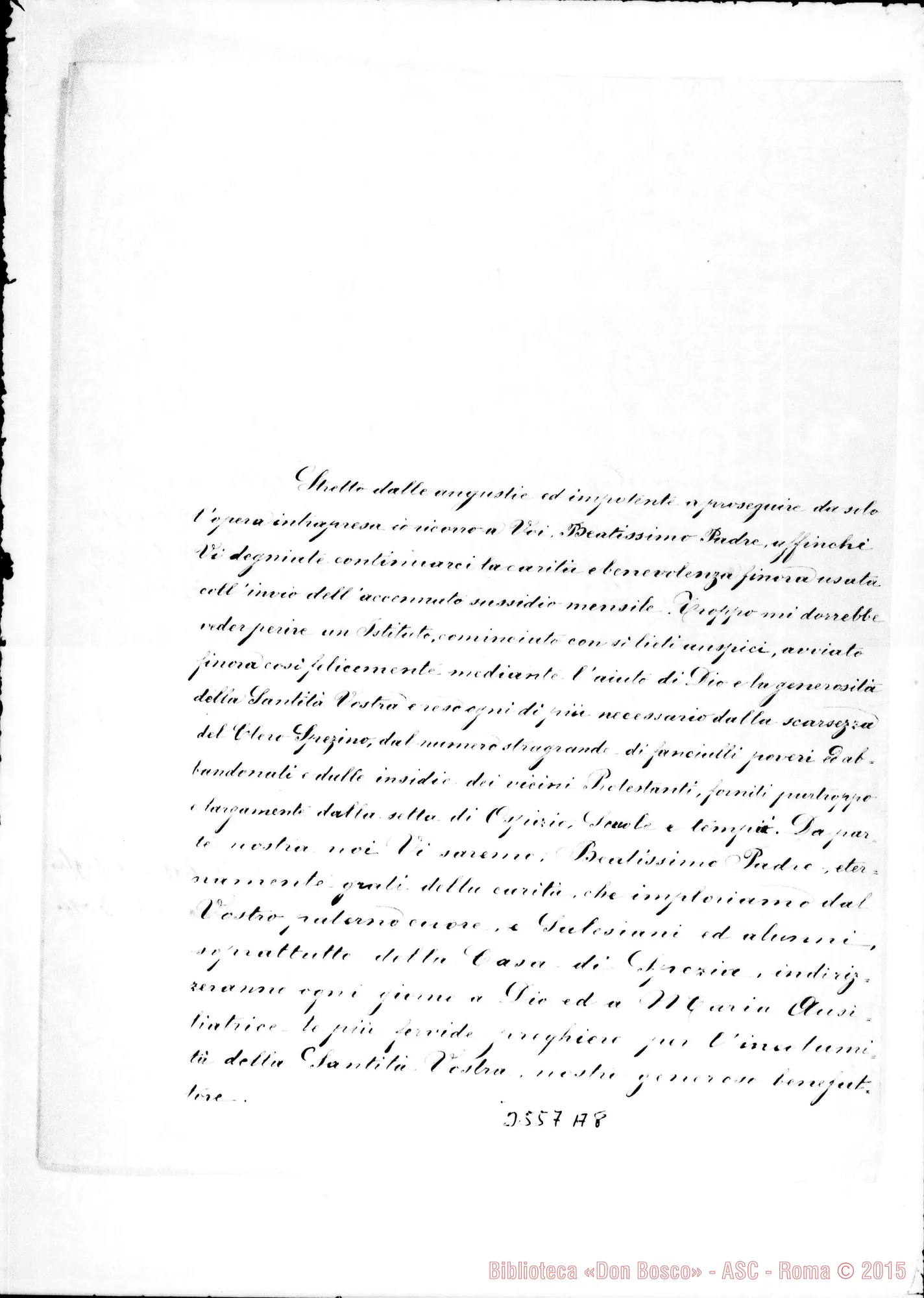 Fotogramma A 8 — Don Bosco-Beatissimo Padre. Torino, 1-12-1885. Ms. autogr. di D. Rua con correz. E postilla