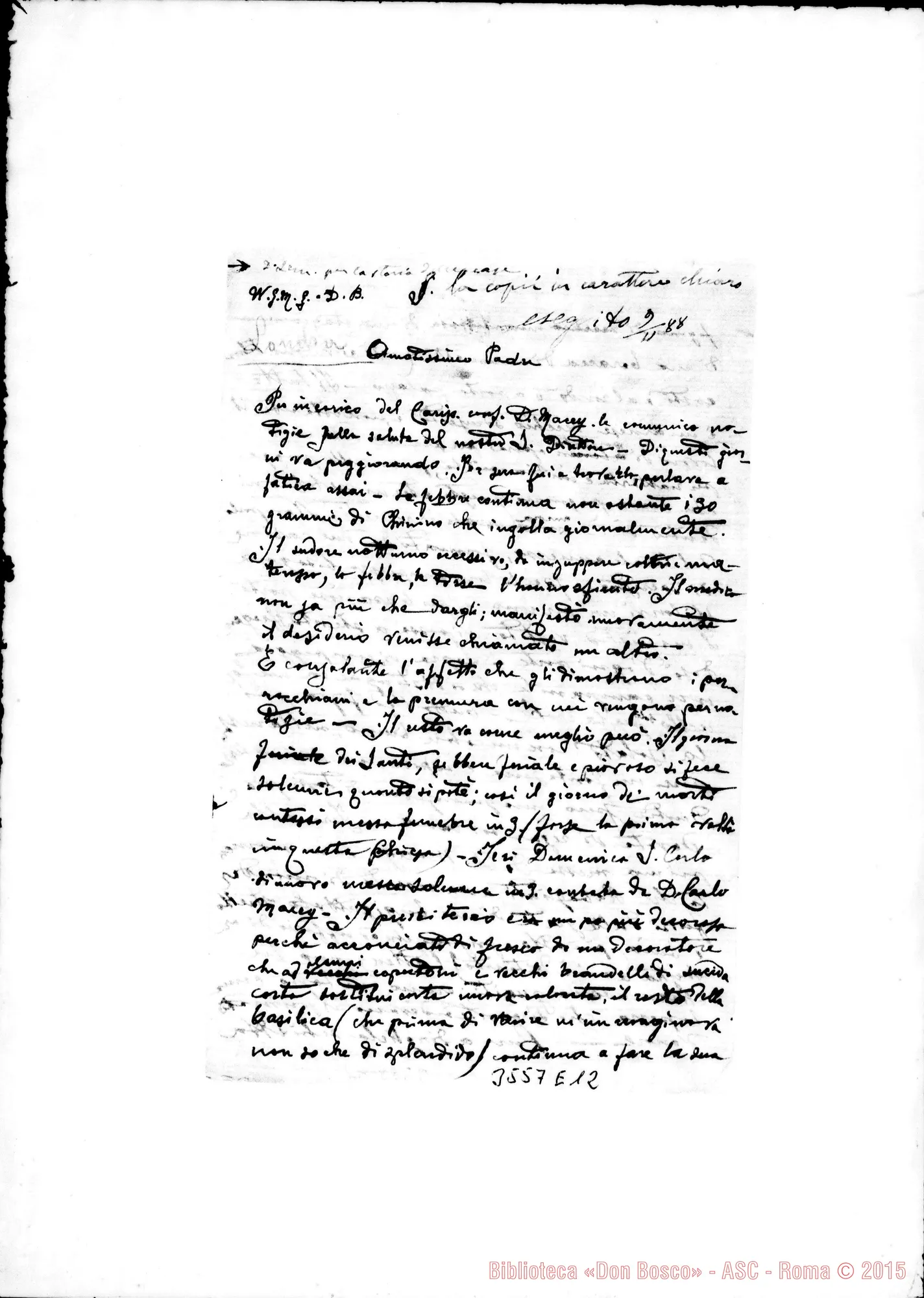 Fotogramma E 12 — Don Bonavia-Amat.mo Padre. London, 5-11-1888 Autogr. Rua. Trascrizione