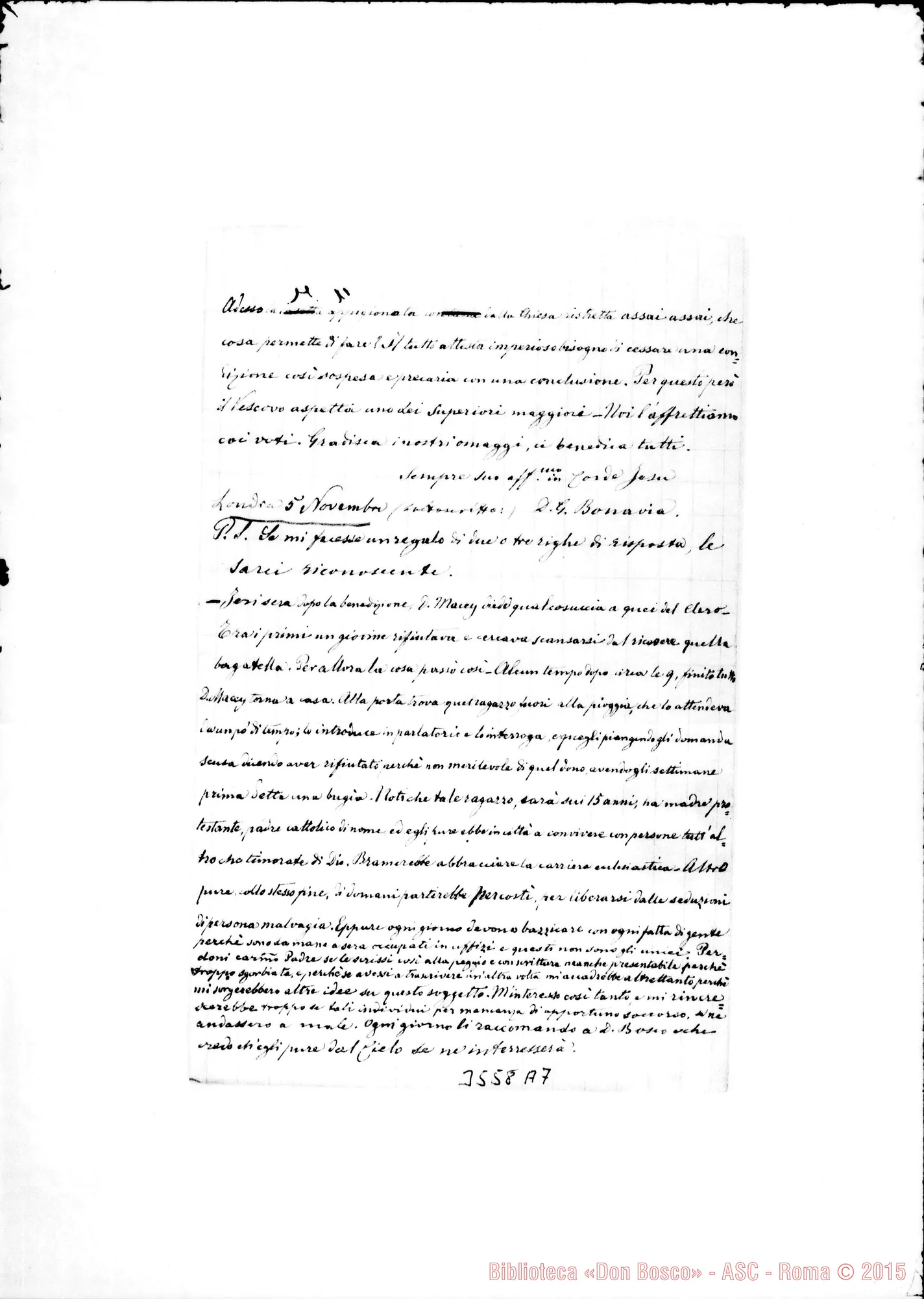 Fotogramma A 7 — Don Bonavia-Amat.mo Padre. London, 5-11-1888 Autogr. Rua. Trascrizione