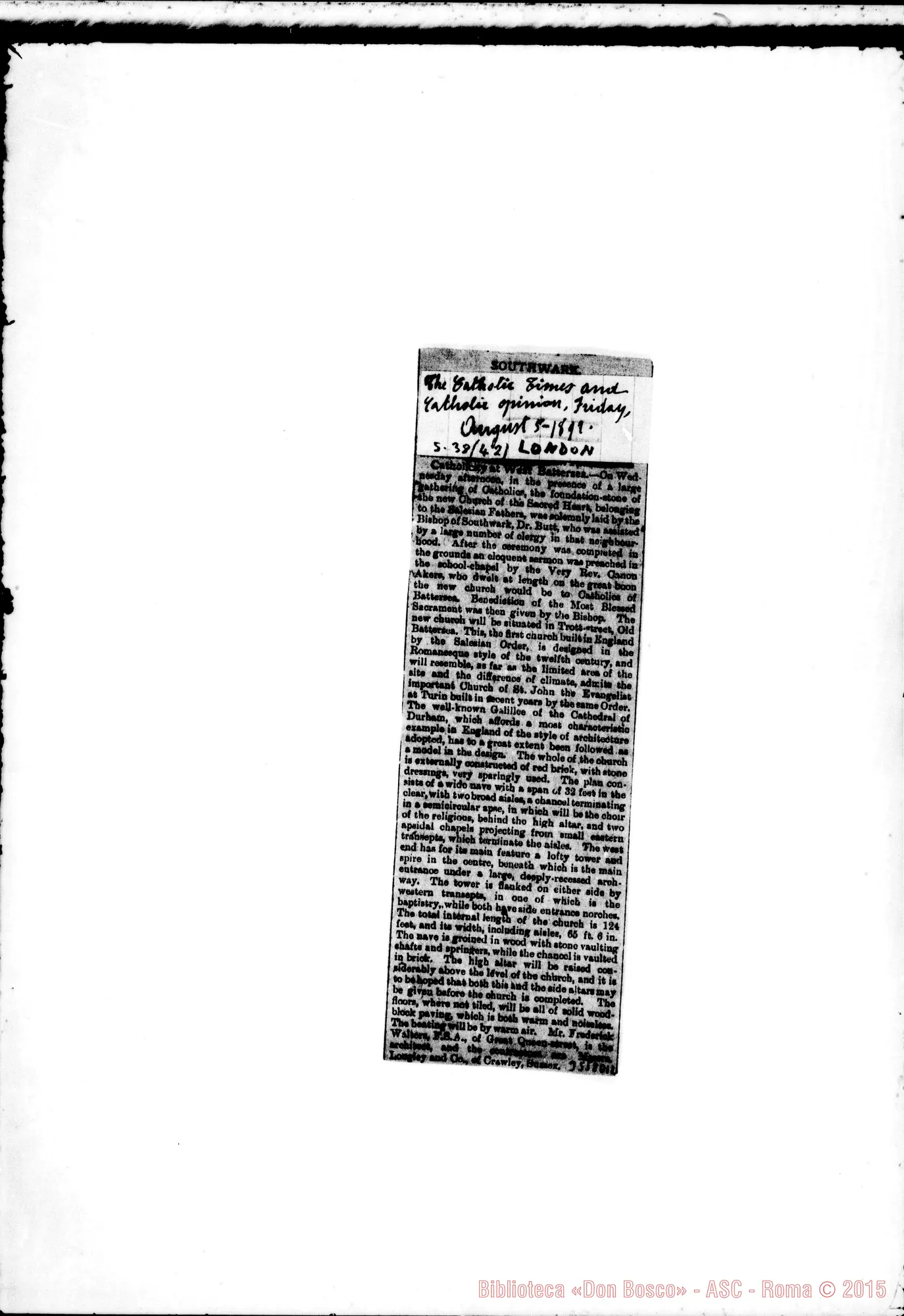 Fotogramma D 12 — «Catholicity at West Battersea»: ritaglio di giornale