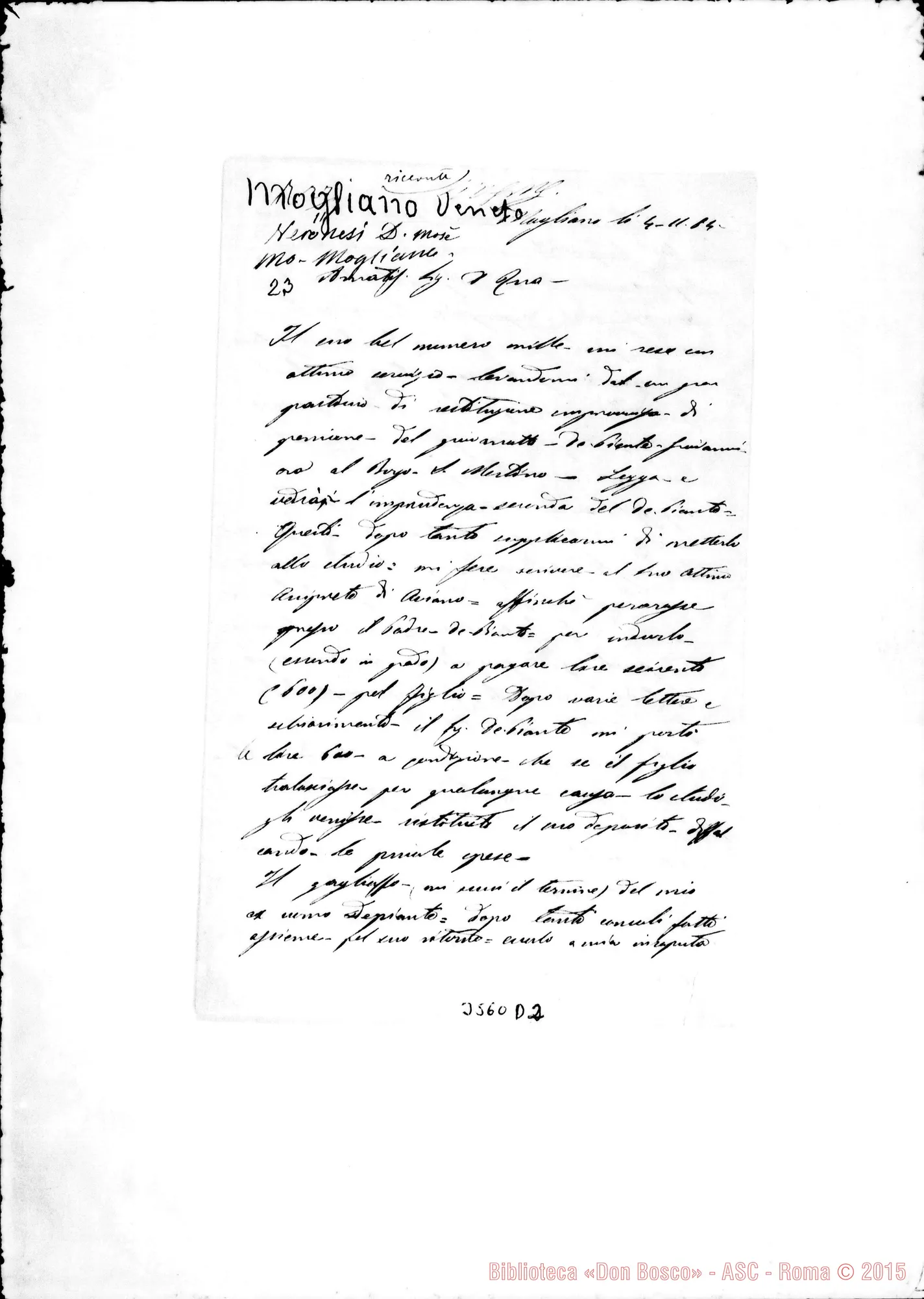 Fotogramma D 2 — Mogliano V.: Don Mosè Veronesi-Don Rua. Mogliano V., 4-11-1884 Autogr. Rua