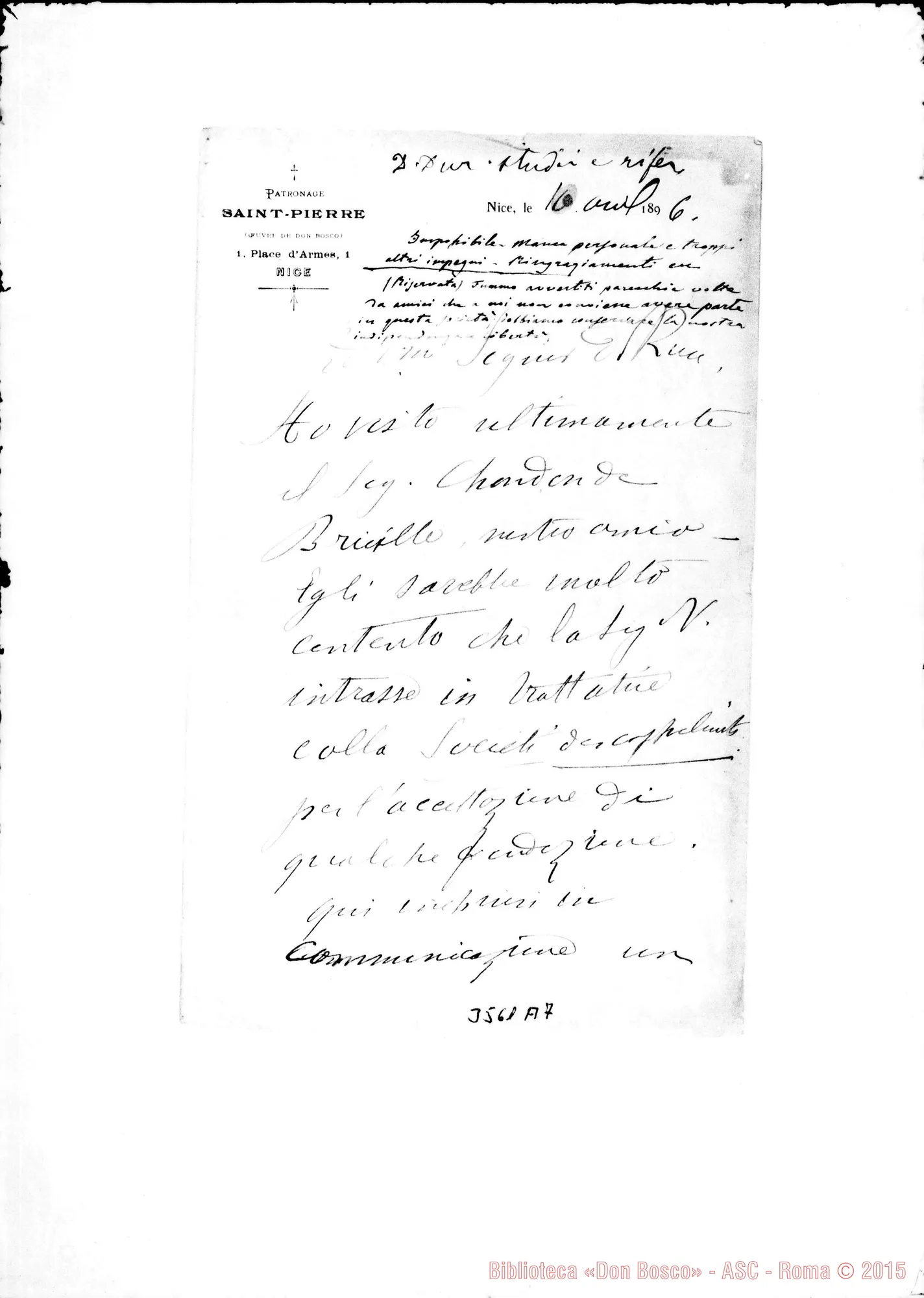 Fotogramma A 7 — Don Luigi Cartier-Don Rua. Nice, 10-04-1896 Autogr. Rua