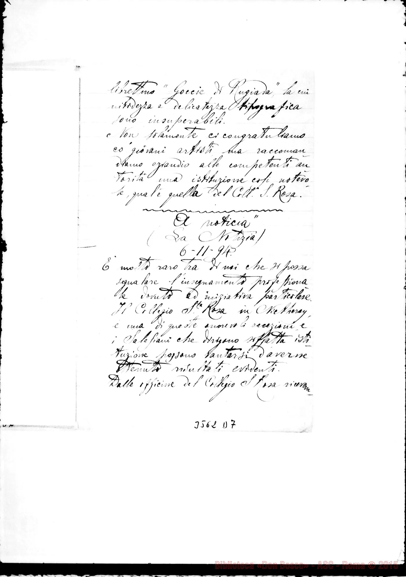 Fotogramma D 7 — Trascrizione di alcuni art. di giornali sulla tipografia sai. A Niterói. Nov. 1894 Autogr. Rua