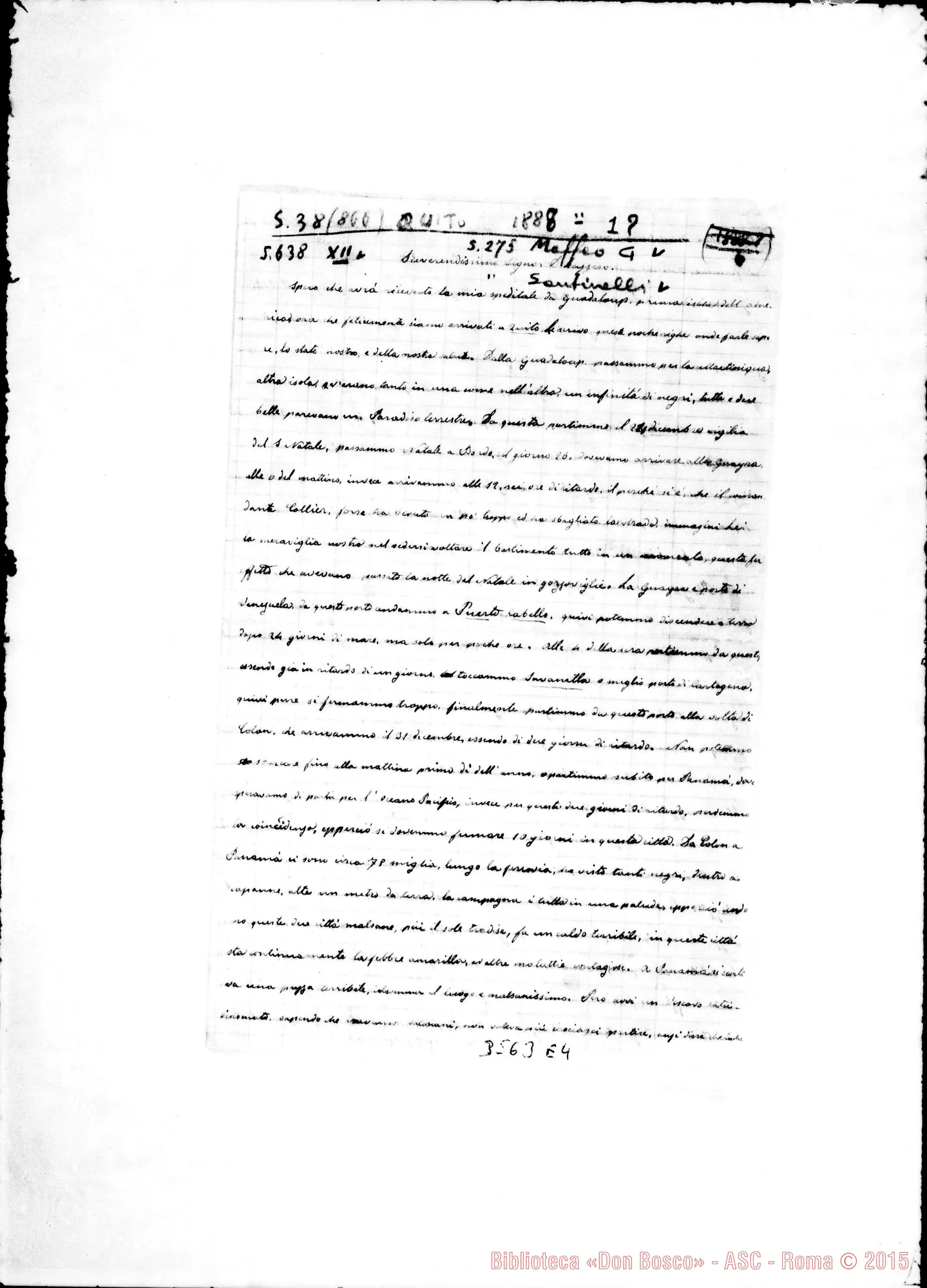Fotogramma E 4 — Quito: Coad. Maffeo Giuseppe-Don Lazzero. Quito, 1-02-1888 Postilla Santine
