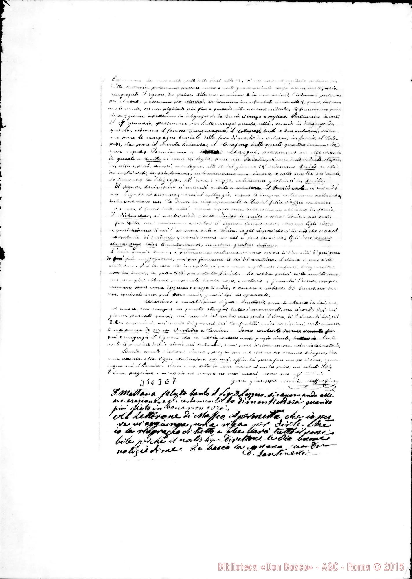 Fotogramma E 7 — Quito: Coad. Maffeo Giuseppe-Don Lazzero. Quito, 1-02-1888 Postilla Santine