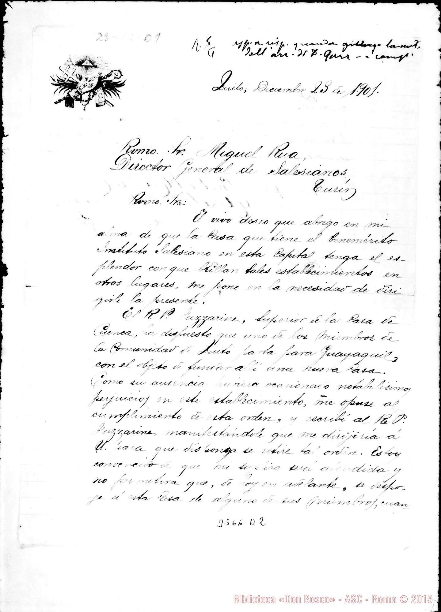 Fotogramma D 2 — Pedro Rafael González, vesc. di Quito-Don Rua. Die. 1901 Autogr. Rua