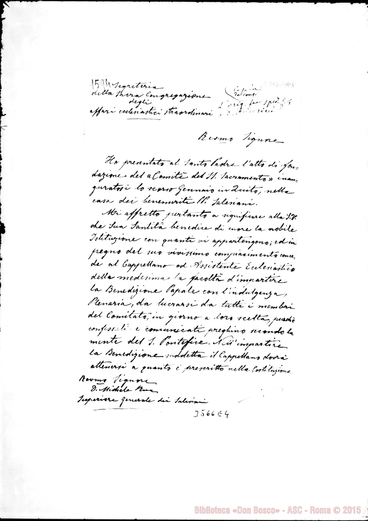 Fotogramma E 4 — Dalla Segret. degli Affari Eccles.-Don Rua. Roma, 1908. Autogr. Rua Copia