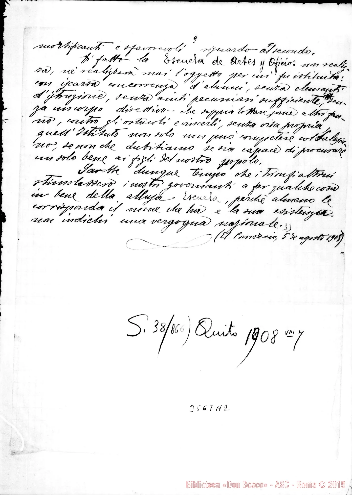 Fotogramma A 2 — A Don Rua da Quito, il 7-08-1908 Autogr. Rua