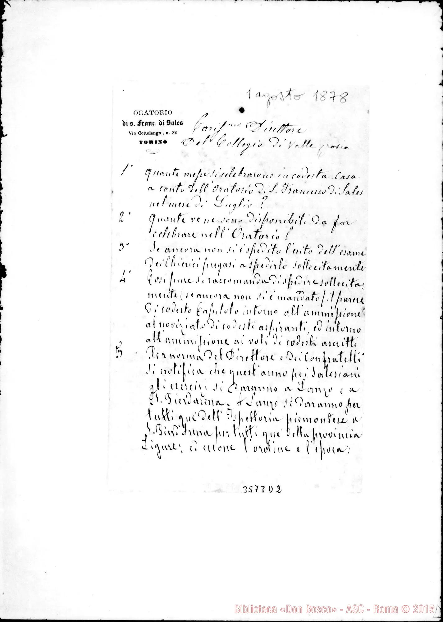 Fotogramma D 2 — Don Rua-Direttore. Firma E postilla autogr. Rua. Torino, 1-08-1878