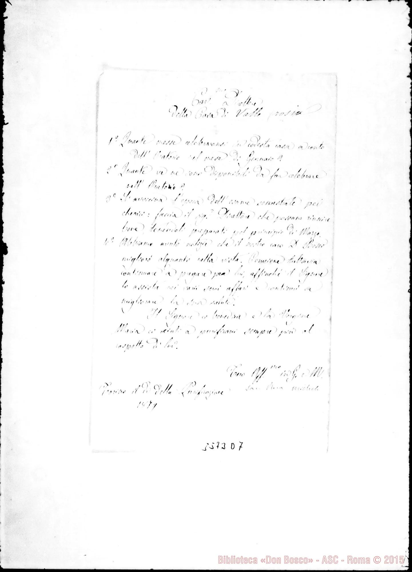 Fotogramma D 7 — Don Rua-Direttore. Torino, 2-02-1879 Firma autogr. Rua