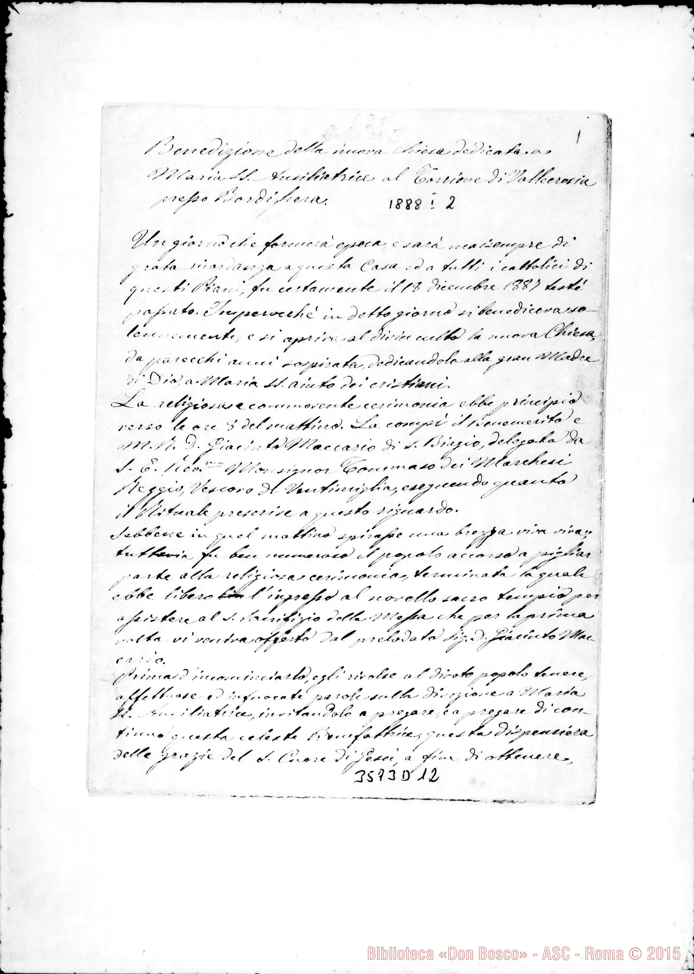 Fotogramma D 12 — Benedizione della nuova chiesa A Maria Ausiliatrice. Genn. 1888
