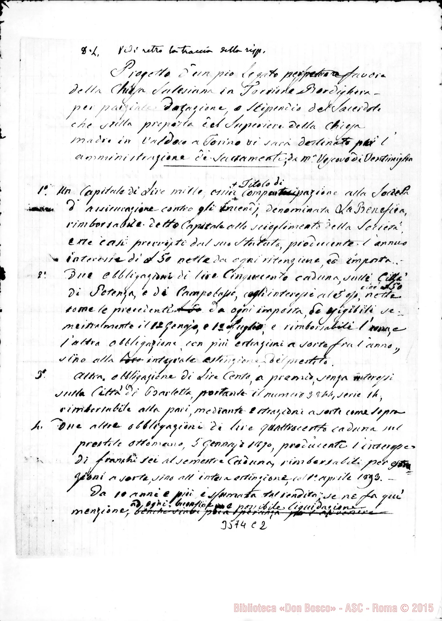 Fotogramma C 2 — Can. Cassini Antonio: progetto di un legato. Autogr. E postilla Rua