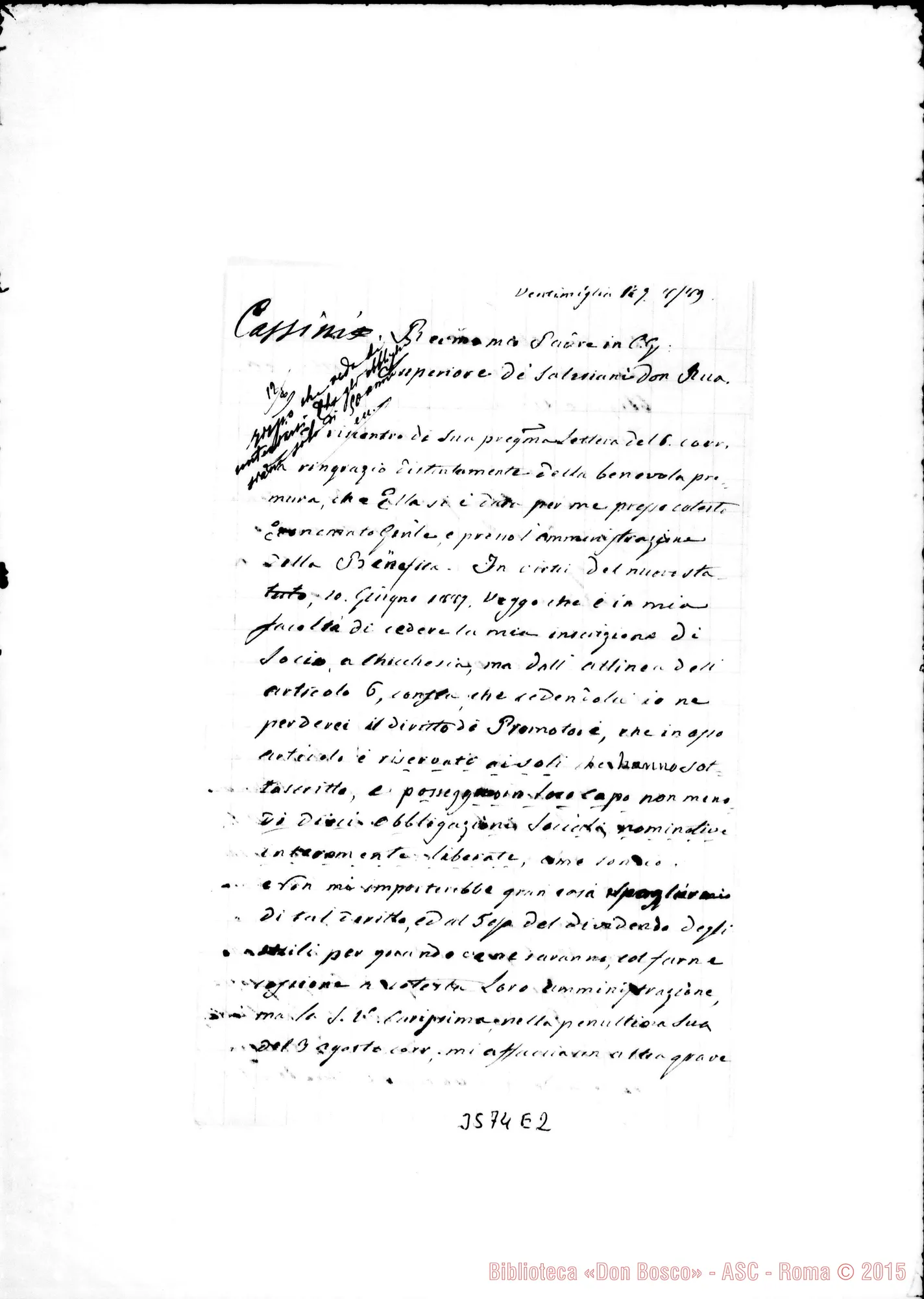Fotogramma E 2 — Can. Cassini Antonio-Don Rua. Ventimiglia, 9-08-1889