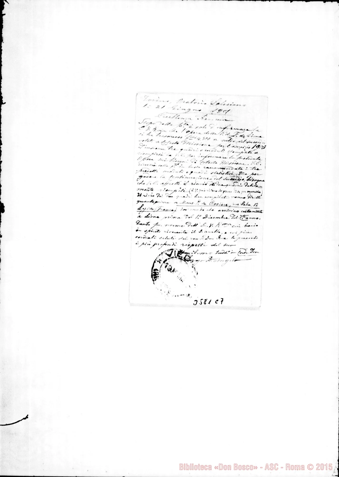 Fotogramma C 7 — Don Angelo Lago-Mons. Cagliero. Torino, 21-06-1901