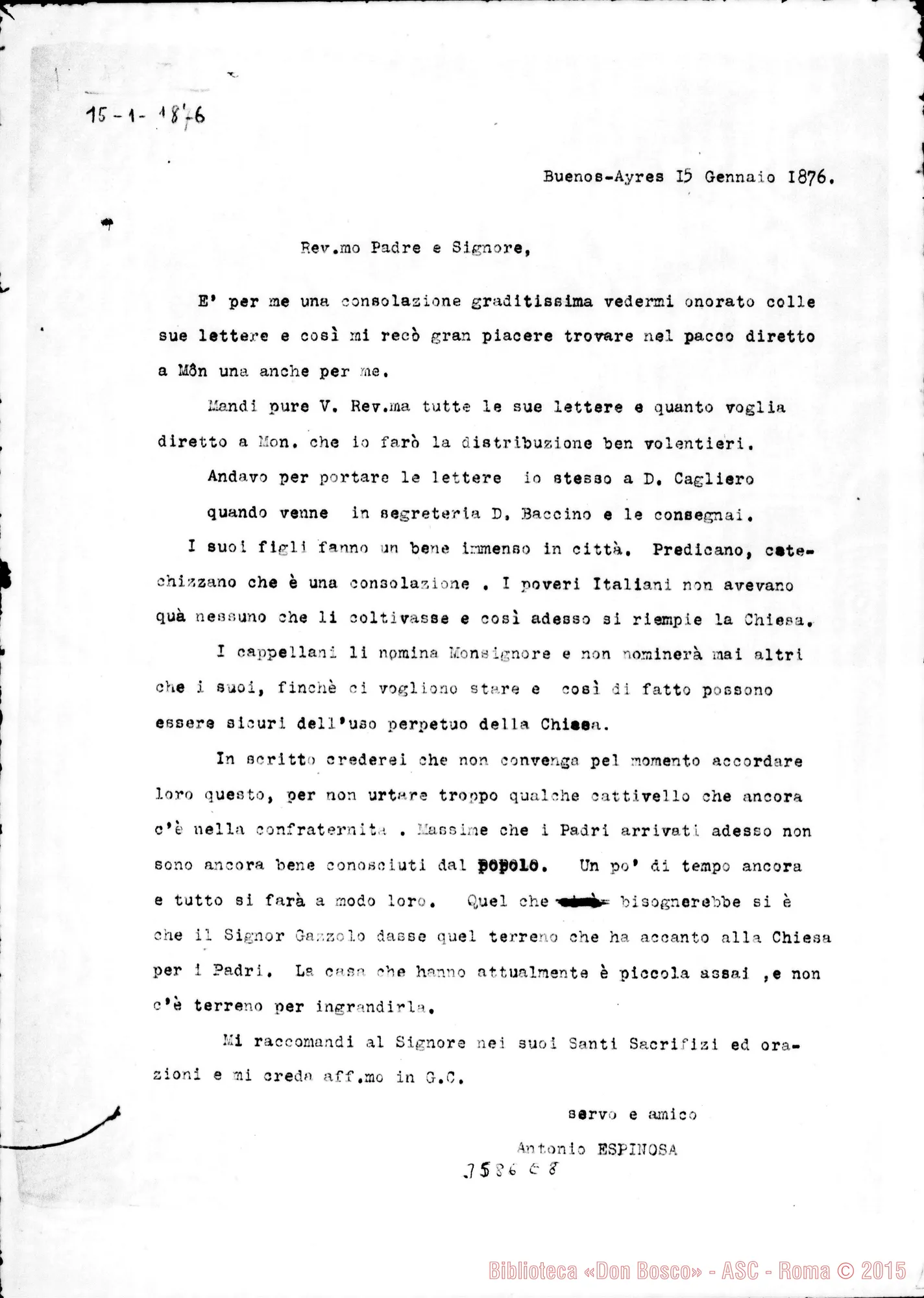 Fotogramma E 8 — Don Antonio Espinosa-Rev.do Padre E Signore. Buenos A., 15-01-1876 Copia