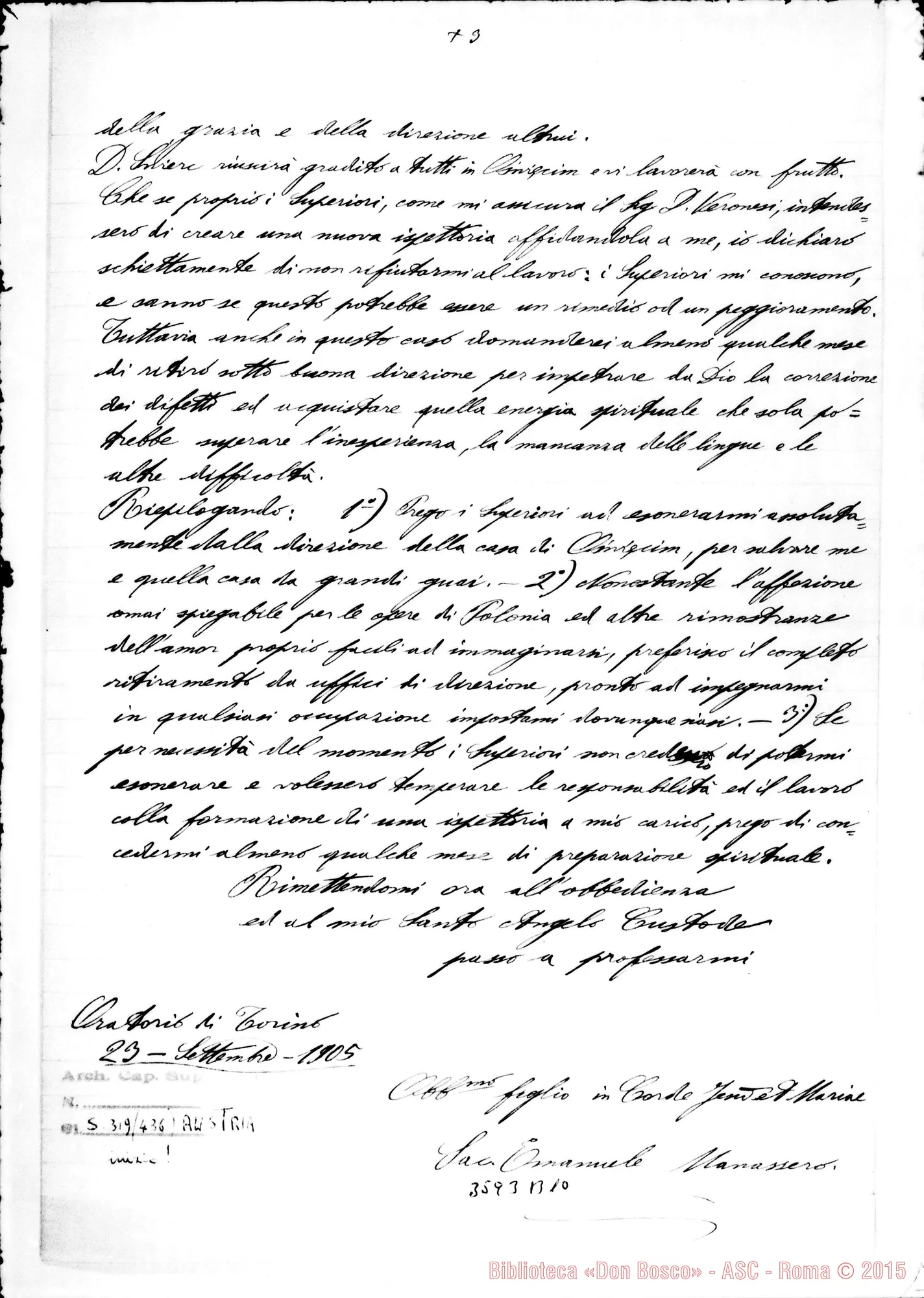 Fotogramma B 10 — Don Manassero: Promemoria. Torino, 23-09-1905