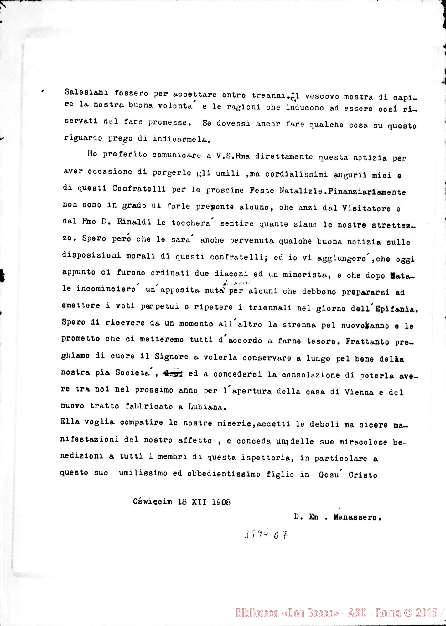 Fotogramma D 7 — Don Manassero-Don Rua. Oswiecim, 18-12-1908. Autogr. Rua