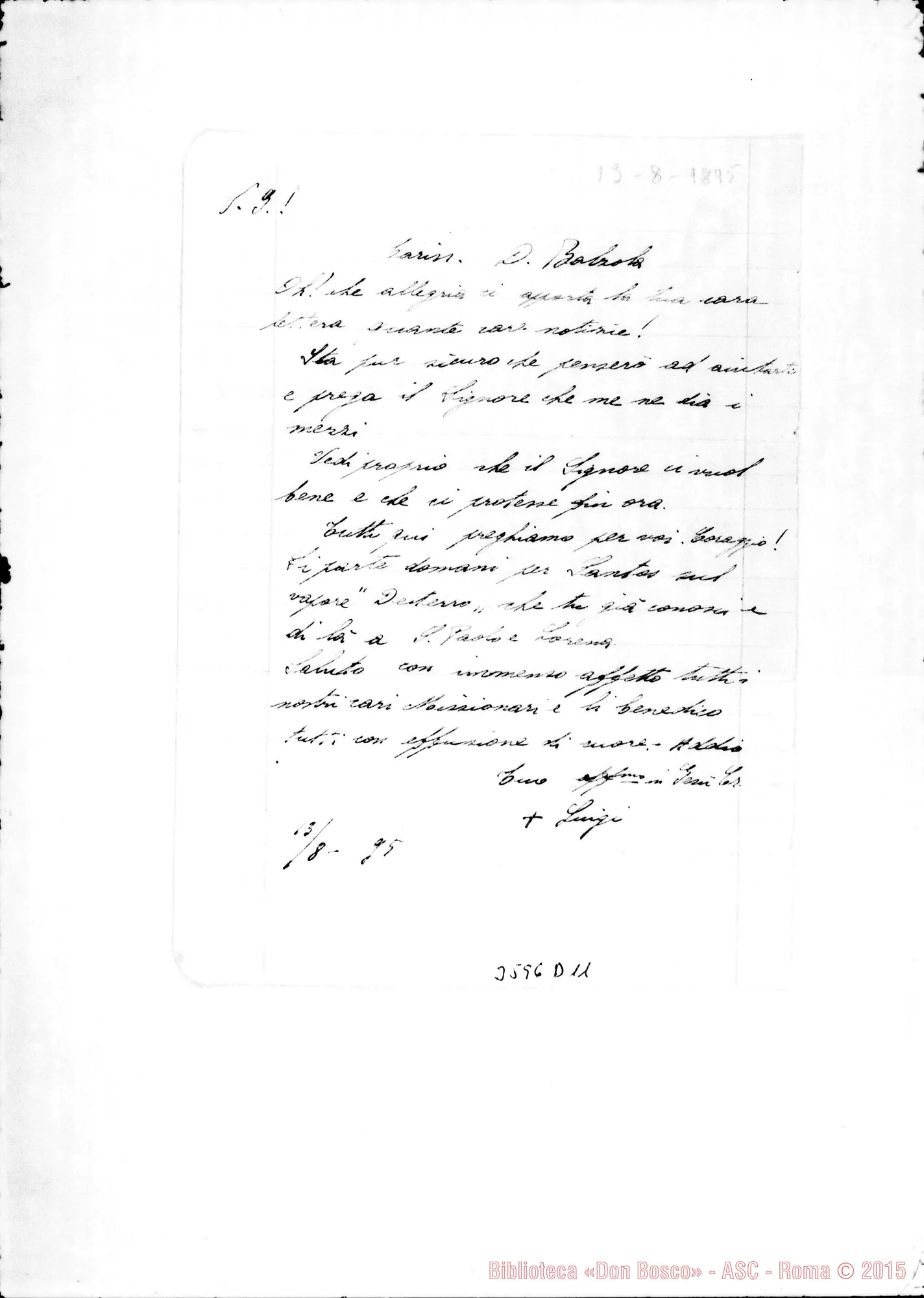 Fotogramma D 11 — Luigi Lasagna, vesc.-Don Balzola, il 13-08-1895. Con trascrizione